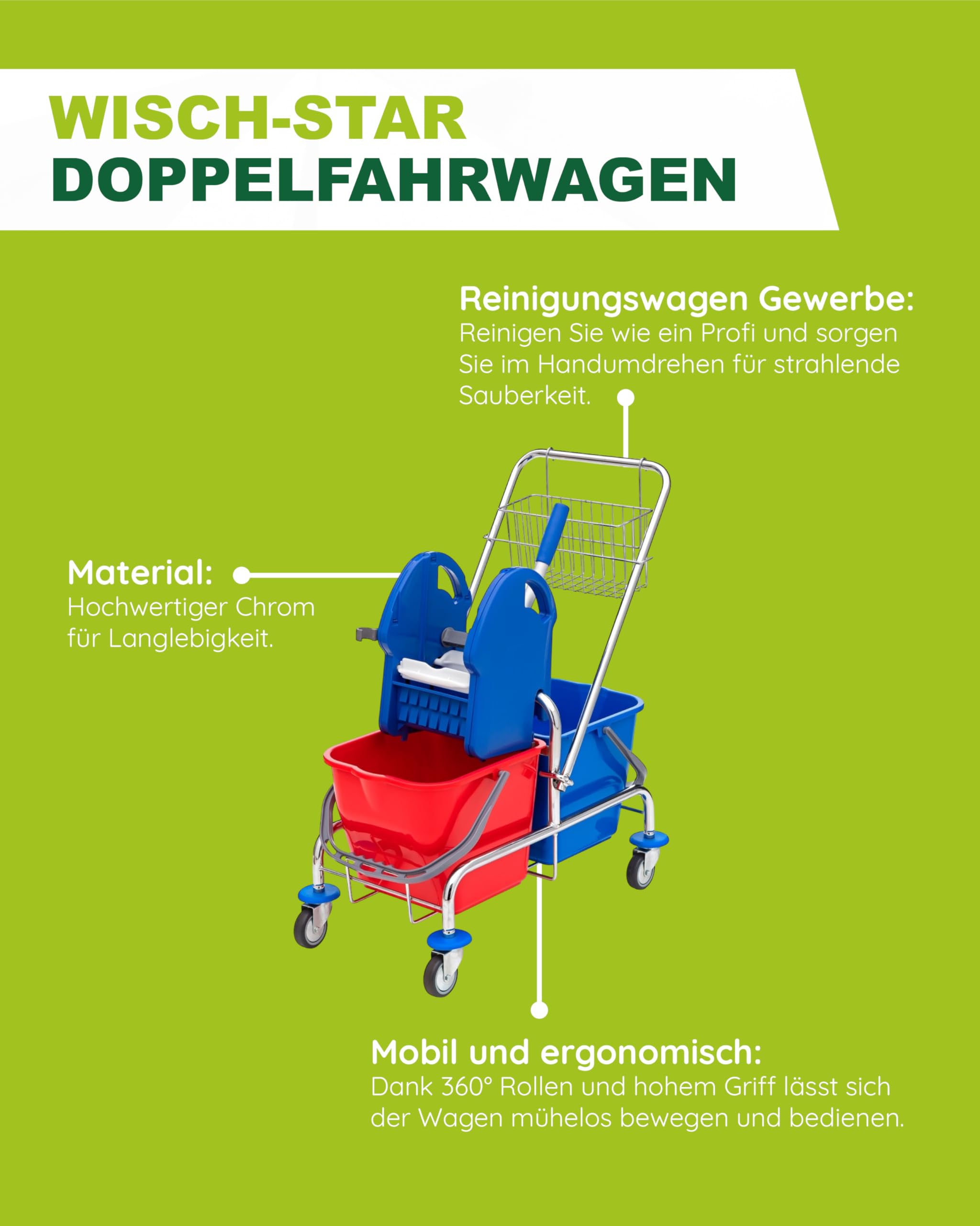 Wisch-Star Doppelfahrwagen mit Korb, Mobpresse & Deichsel – Putzwagen mit Eimer für Frischwasser & Schmutzwasser, Reinigungswagen Gewerbe und Zuhause für strahlende Böden
