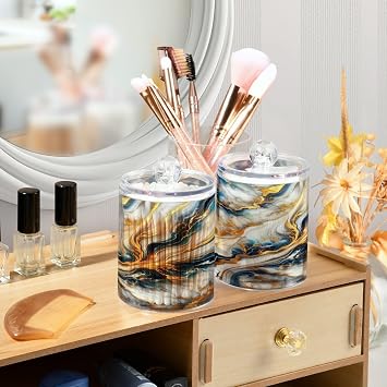 2 Pack Qtip Holder Dispenser with Lid, 14 oz Clear Plastic Apothecary Jar fro Cotton Swabs, Balls, Pads, White Blue Gold Marble Bathroom Canister Storage Organization and Vanity Makeup Organi