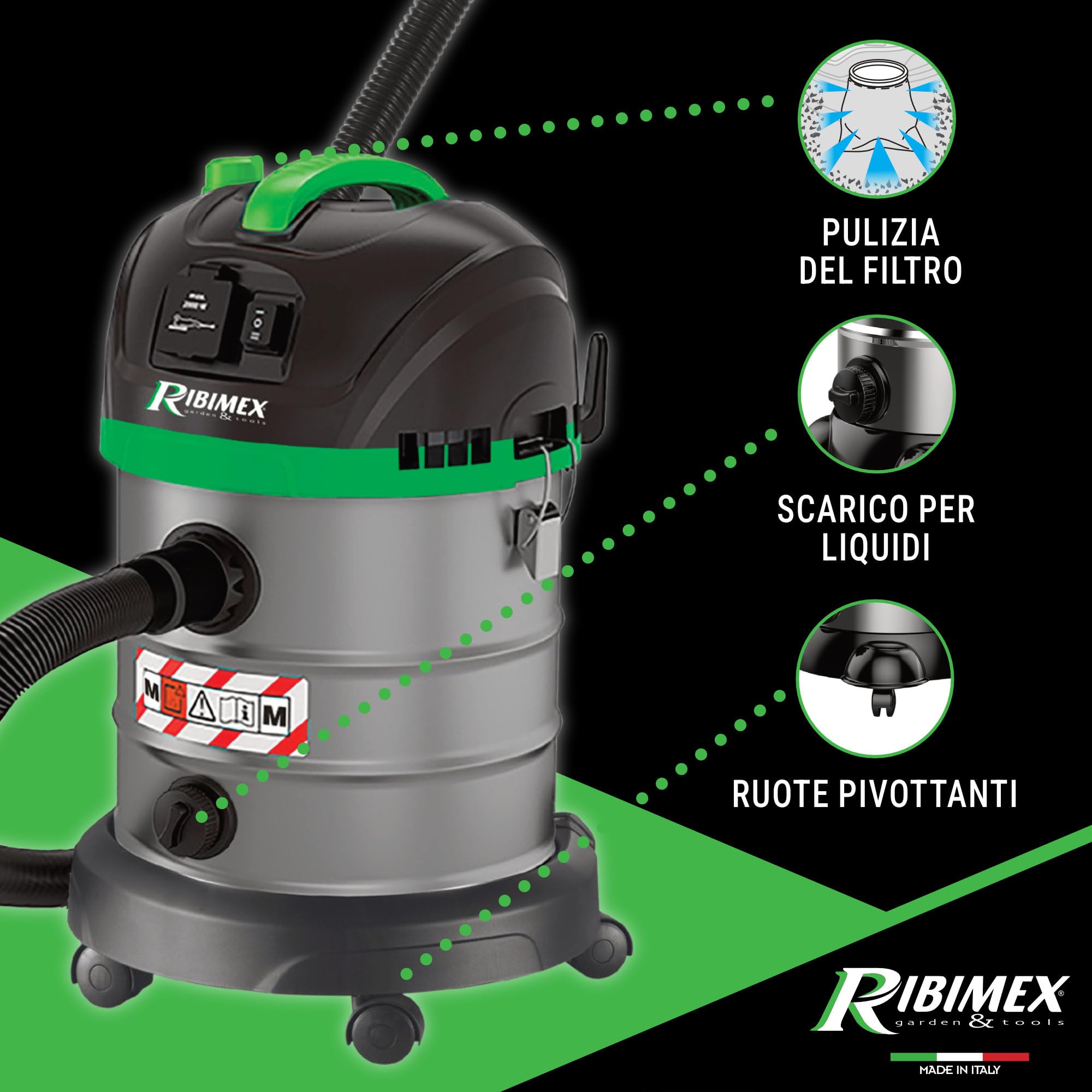 Ribimex Aspiratore Solidi e Liquidi Aspirix Serie Pro Classe M, Bidone Aspiratutto Professionale 20 L, 1400 W, Presa Elettroutensili e Funzione Soffiante, Accessori Inclusi - PRASP20M
