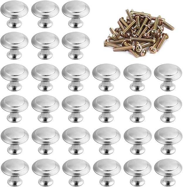 MaYuLa 30Pcs Cabinet Door Knobs Round Mushroom Shape Pull Handle Drawer Knobs Silver Kitchen Cupboard Knobs Chrome with Screws for Bathroom Bedroom Furniture Wardrobe 30MM