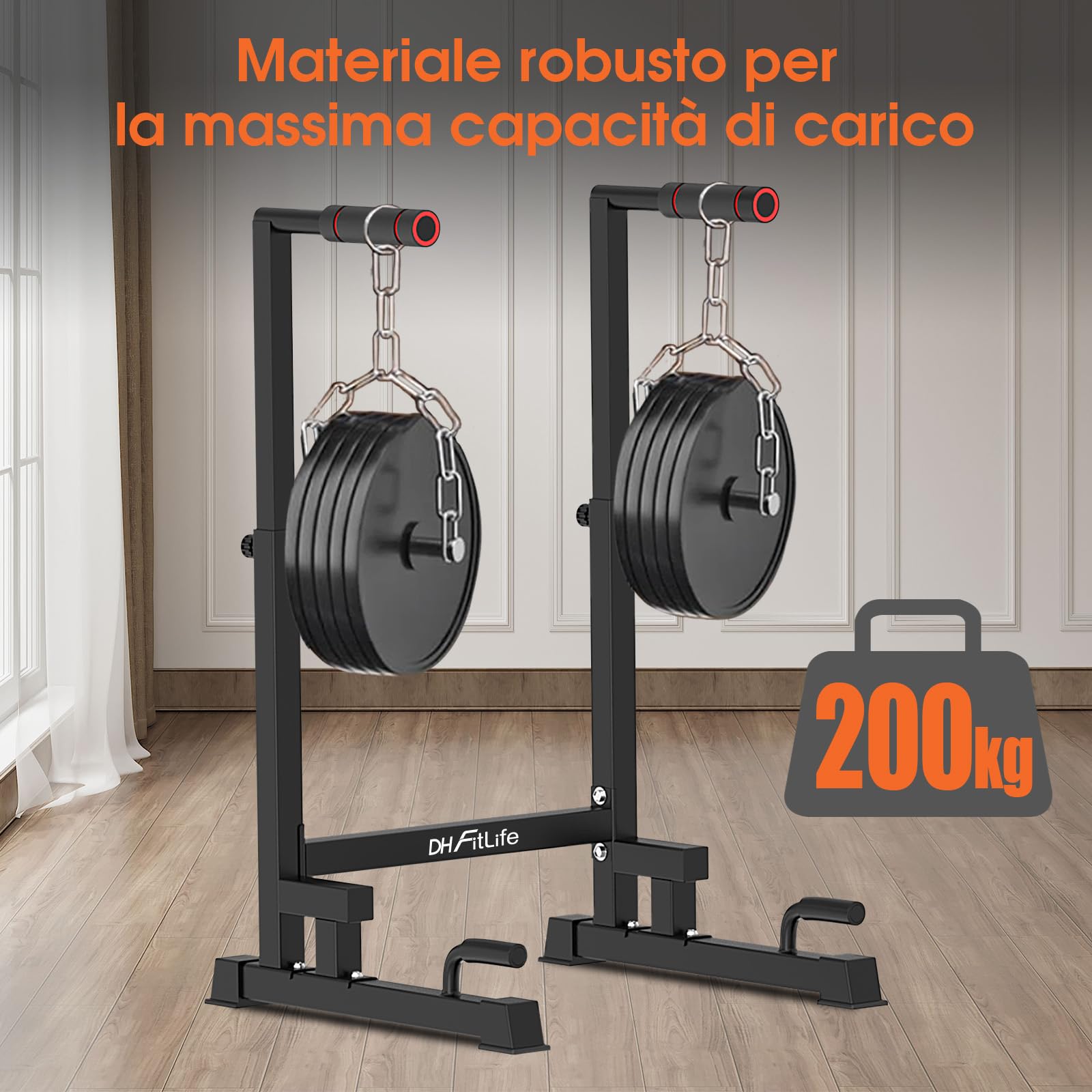 DH FitLife - Dip Parallele Calisthenics Robuste, Stabili e Versatili per Allenamento a Casa | Dip Station Regolabile in 9 Altezze (100-130 cm), Ideale per Parallele Dip, Push Up e Sviluppo Forza