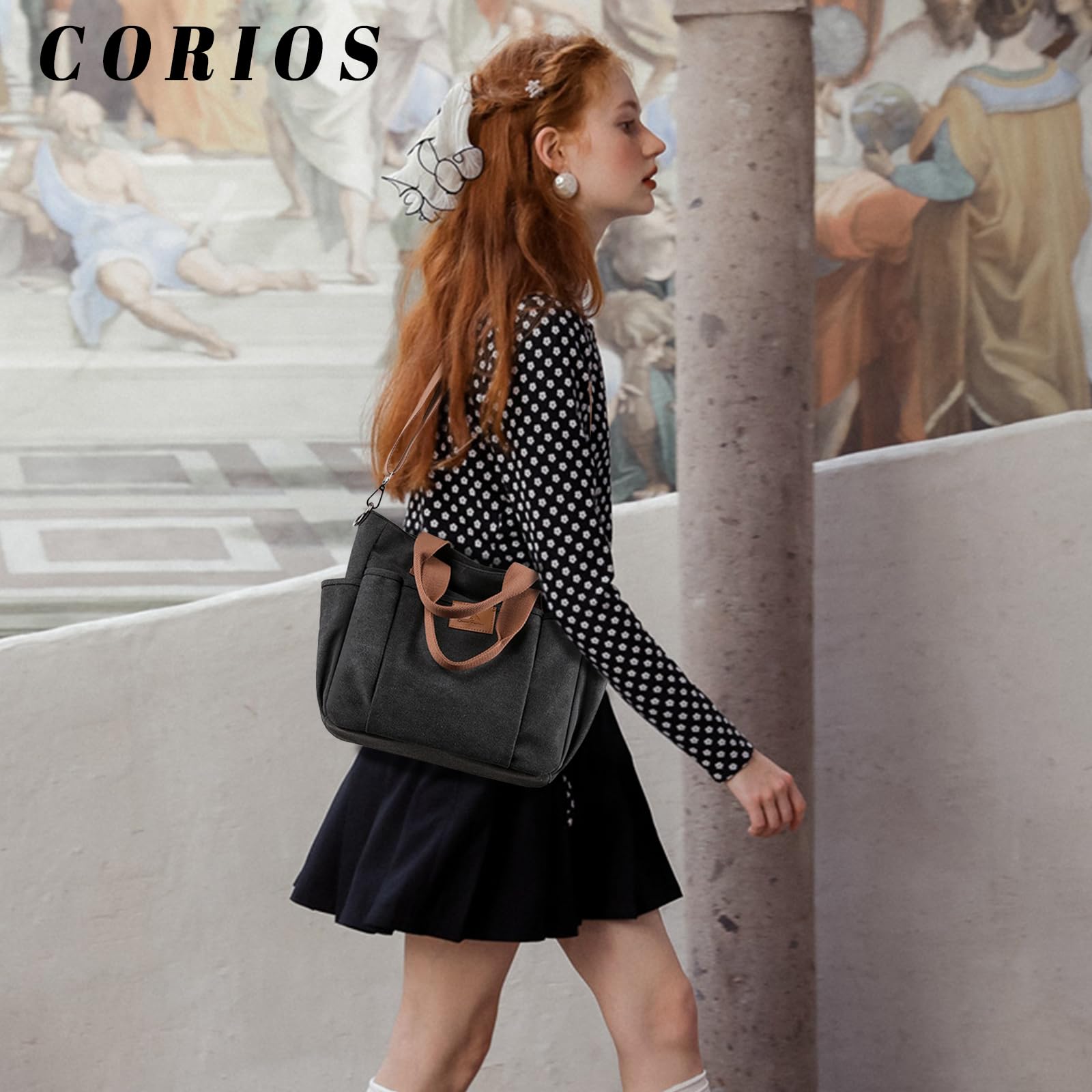 CORIOS Canvas Schultertasche Damen Handtasche Große Kapazität Umhängetasche Casual Henkeltaschen Multifunktionale Tote Beutel Tragetasche für Shopper Arbeit Reise Schwarz