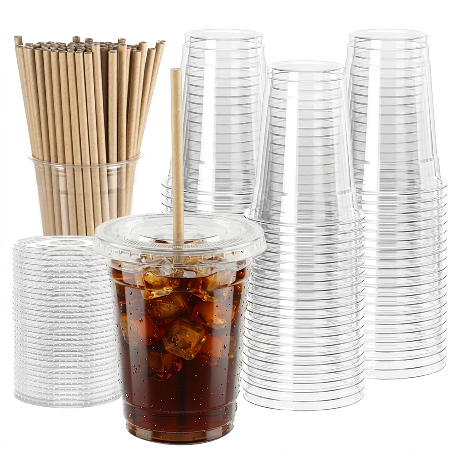 WUHUIXOZ [200 set -350ml Plastikbecher mit Deckel, verwendet für Eiskaffee, Milchshakes, Hochzeiten, Weihnachten, Partys und kalte Getränke…