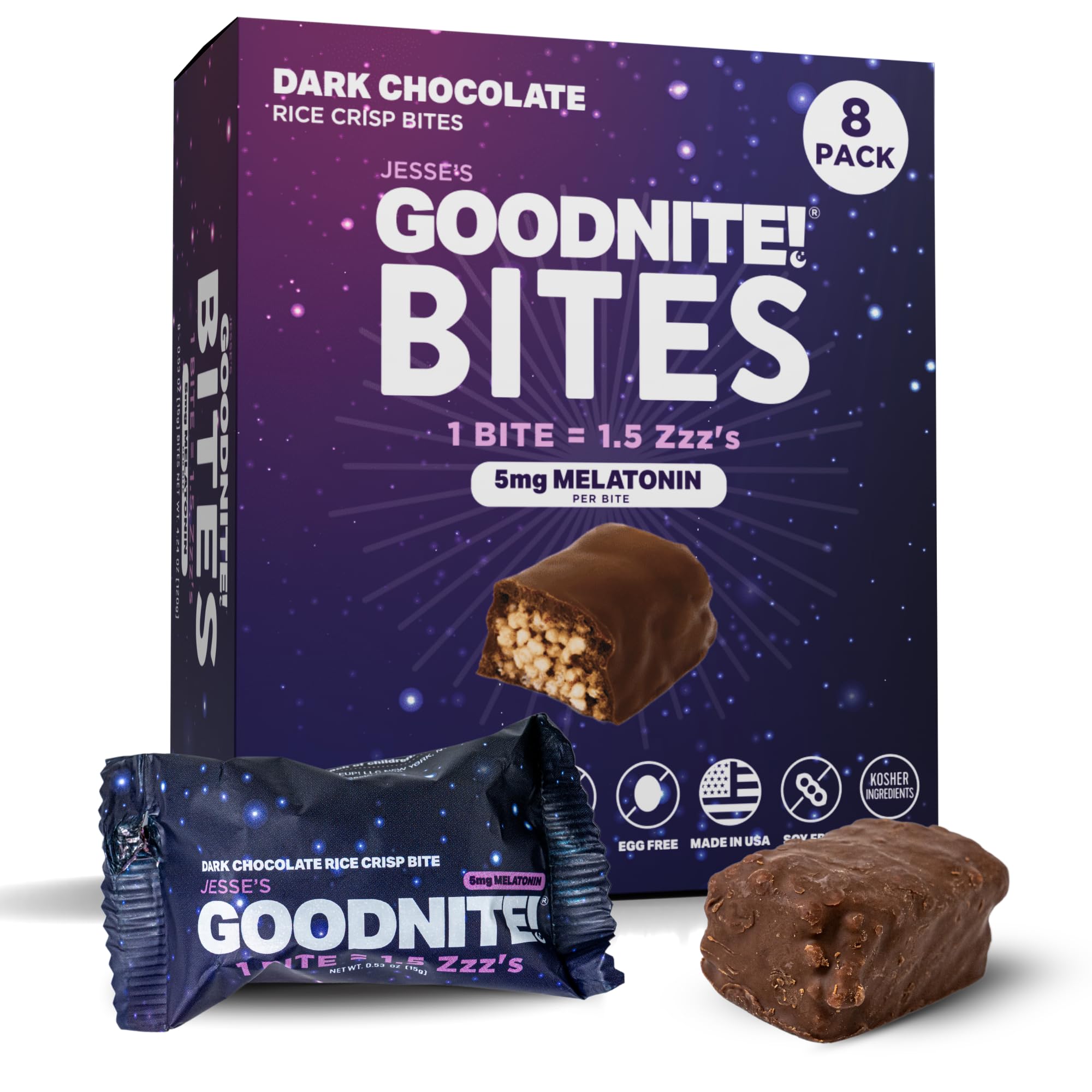 GOODNITE! Sleep Bites – “The Lullaby Mini Bar – Sleep Faster, Sleep Better” – Dark Chocolate Protein Sleep Snack with 5mg Melatonin & L-Theanine – Vegan, Gluten-Free, Kosher – 8 Pack
