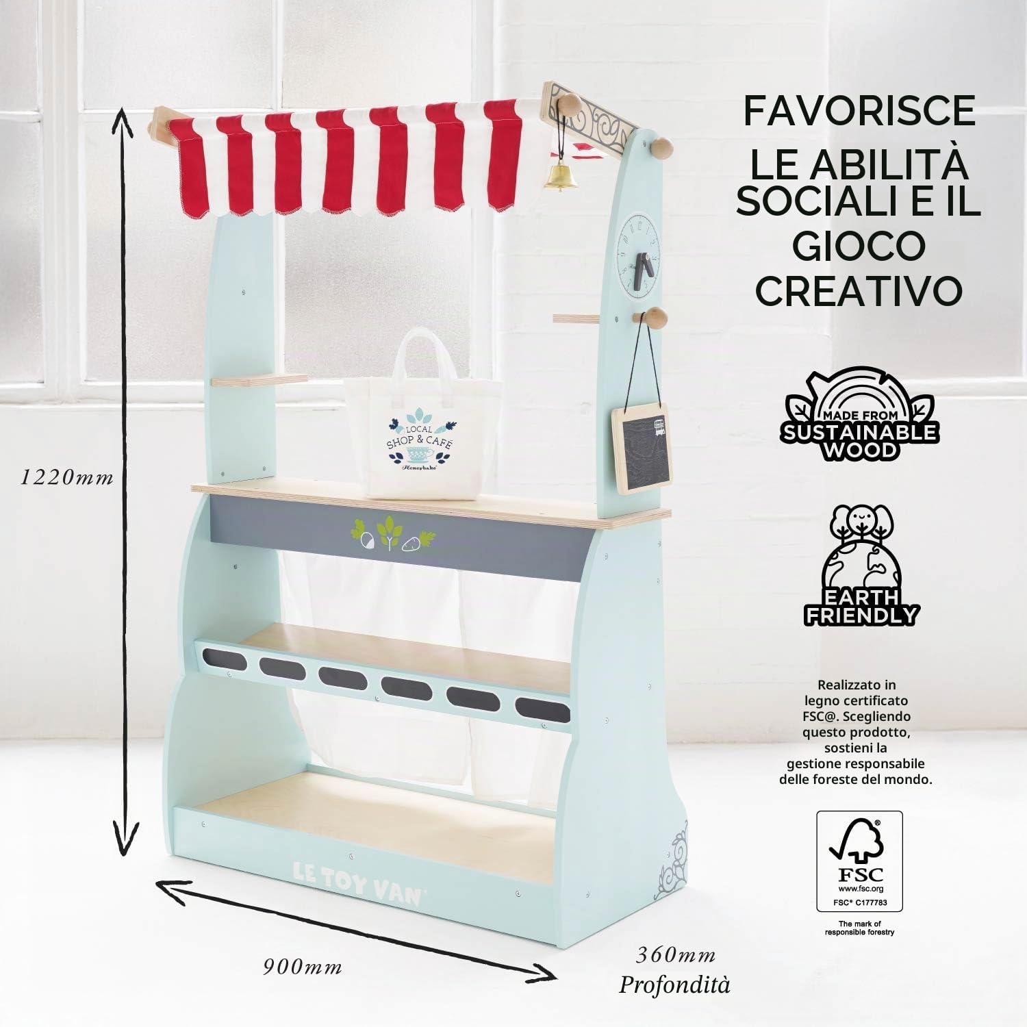 Le Toy Van - TV317 - Gioco educativo per Bambini dai 3 Anni supermercato Grande caffetteria Giocattolo Reversibile con Ruote 2 in 1, Include 1 Lavagna, 1 Campanello e 1 Borsa della Spesa, in Legno
