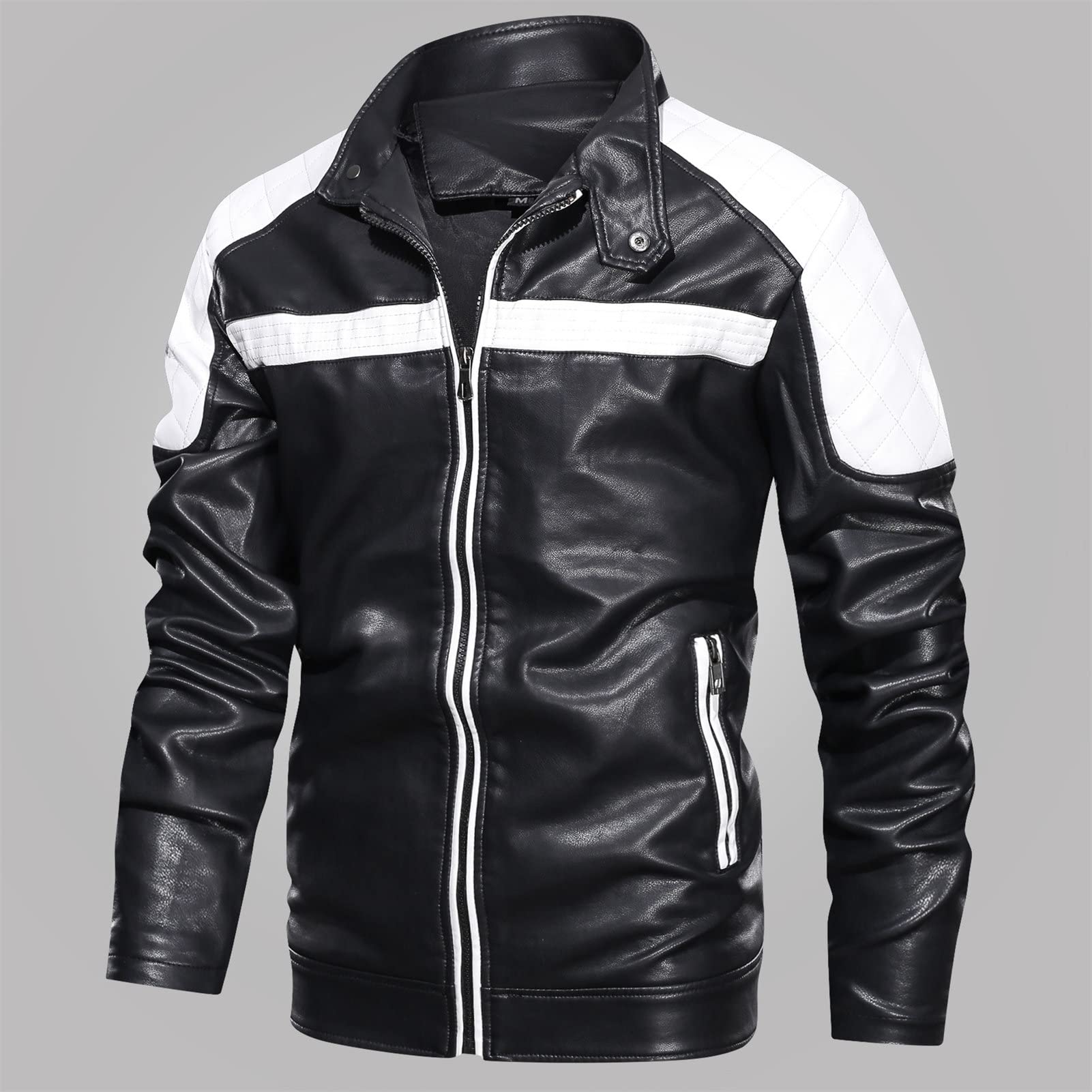 Maiyifu-GJ Motorcycle Jacket for Men Faux Leather Zip Up Windproof Moto Coat Stand Collar Vintage Bomber Windbreaker (White,XX-Large)