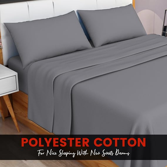 Grey King Bed Sheet Set - Easy Care 4 Pieces Poly Cotton Sheet Set King Size (Flat Sheet + Fitted Sheet + 2 Pillowcases) - Soft Wrinkle Resistant Bedding Set