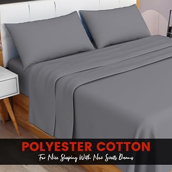 Grey King Bed Sheet Set - Easy Care 4 Pieces Poly Cotton Sheet Set King Size (Flat Sheet + Fitted Sheet + 2 Pillowcases) - Soft Wrinkle Resistant Bedding Set