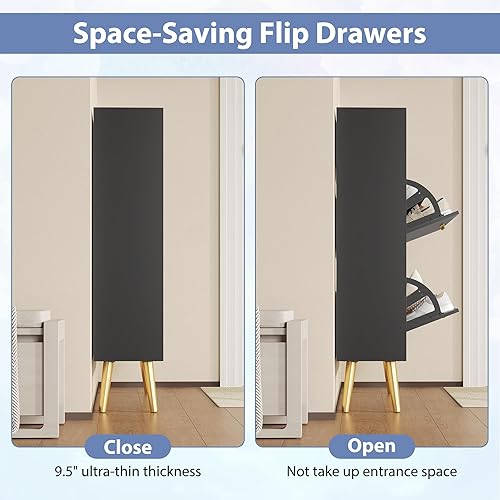 Miniatura 5 de Zapatero para entrada, armario de almacenamiento de zapatos negro con 2 puertas abatibles y estante, armario estrecho oculto para entrada delgado,