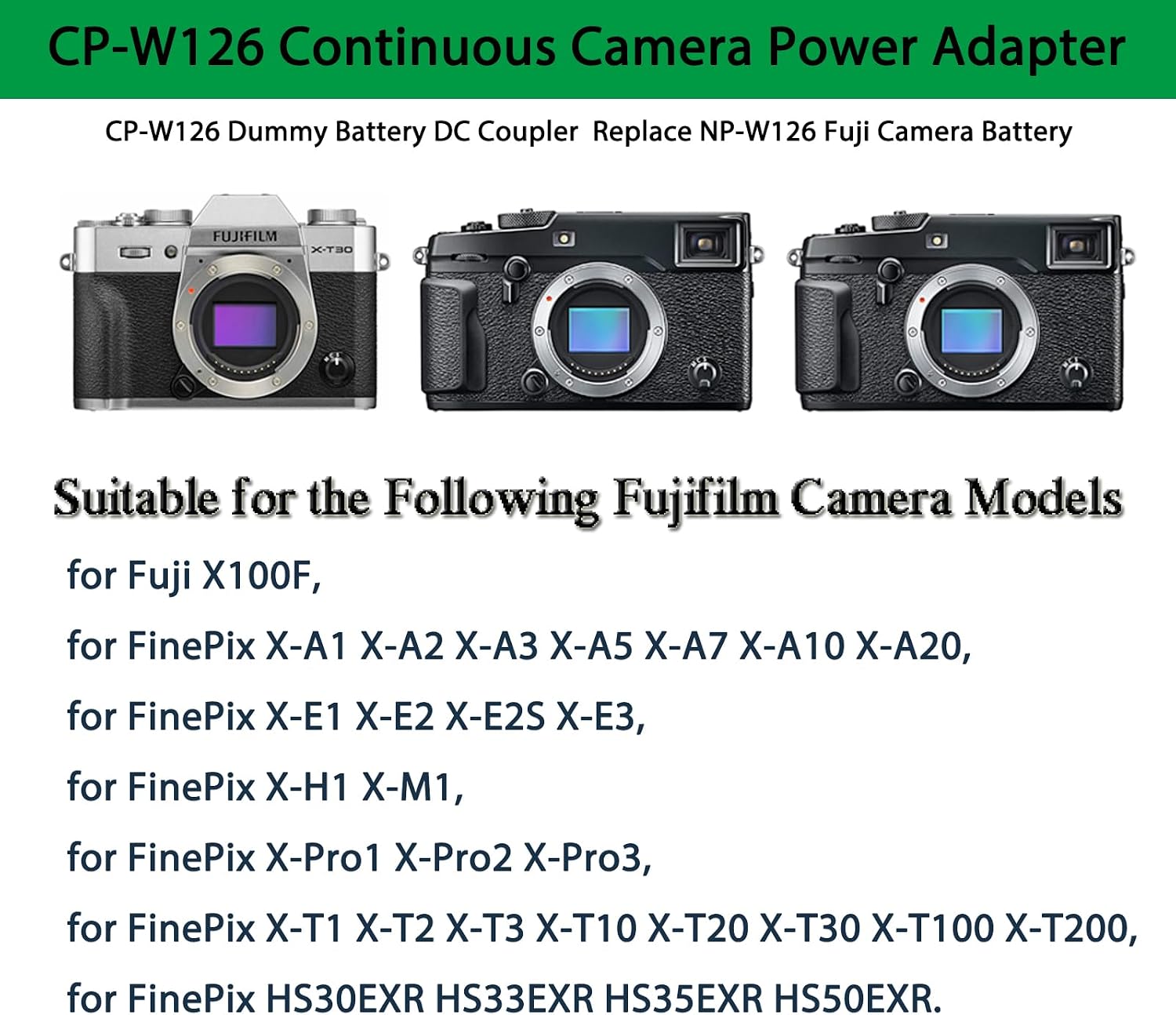 NP-W126 Dummy Battery for Fuji X100VI, and AC DC Power Adapter Kit. | CP-W126 DC Coupler for Fuji X-T100 X-T200 X100F X100V X100VI X-S10 X-A5 X-A10 X-E4 X-Pro2 X-Pro3 X-T1 X-T2 X-T3 Cameras.