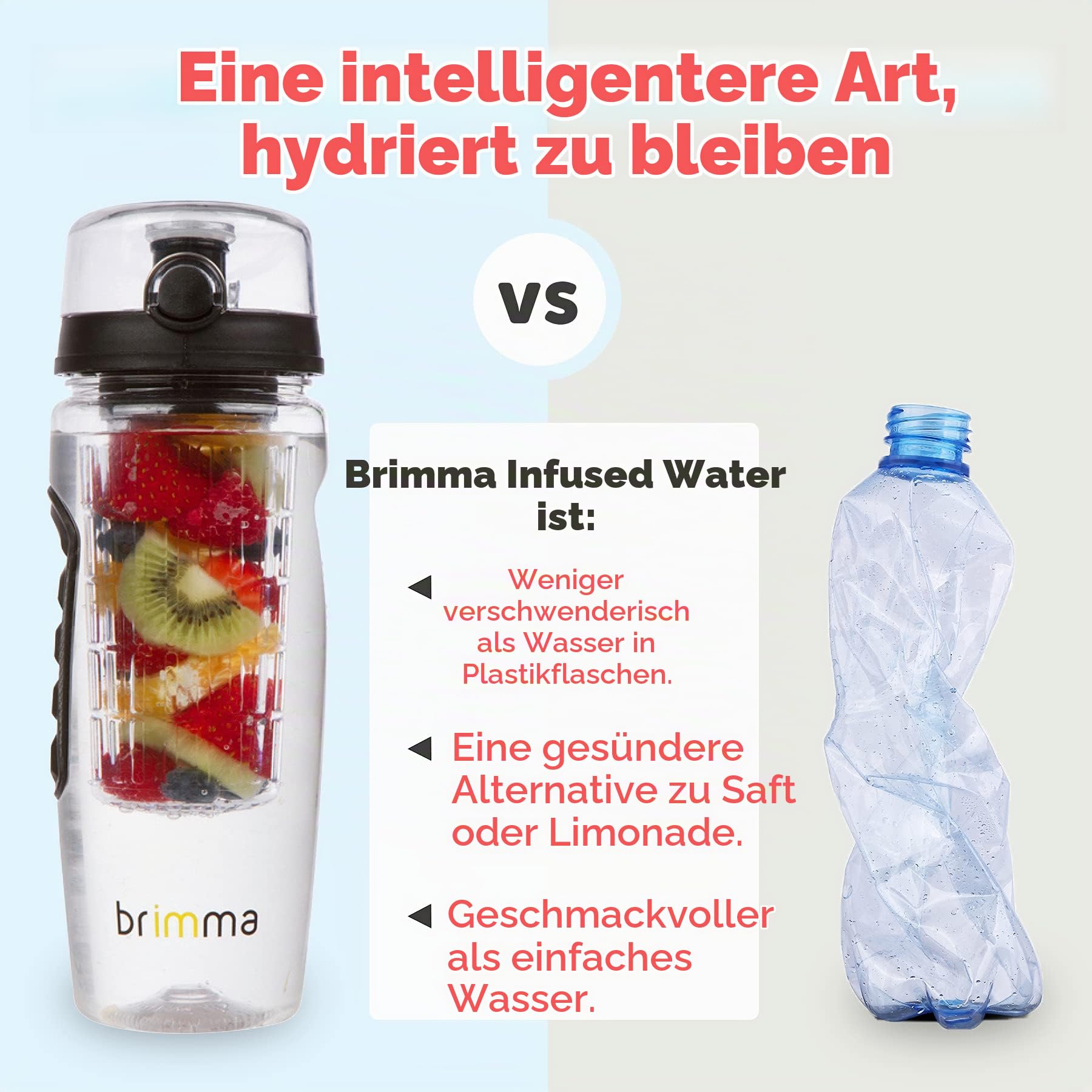 Brimma 1L Trinkflasche mit Früchtebehälter - Wasserflasche mit Fruchteinsatz - Auslaufsichere Sport Flasche - Sportflasche Water Bottle - Passt in Jede Sporttasche, Schultasche, Rucksack