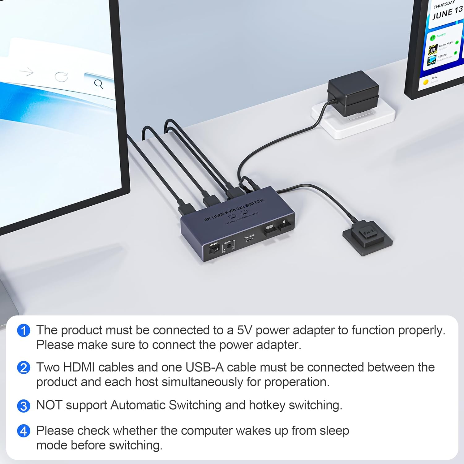 8K@60Hz HDMI KVM Switch 2 Monitors 2 Computers, with 4 USB 3.0 Ports (3 USB-A+1 USB-C) for 2 Computers Sharing 2 Monitors Keyboard Mouse Printer with 2 USB Cables, Power Adapter and Controller