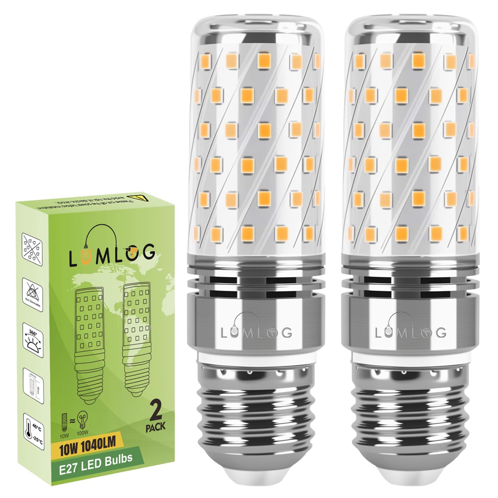 Lumlog E27 LED Bulb 10W, E27 ES Edison Screw Light Bulbs, Warm White 3000K, 100W Incandescent Equivalent, 1040LM Non-Dimmable Corn Light for Home Lighting, 220-240V, Pack of 2 [Energy Class F]