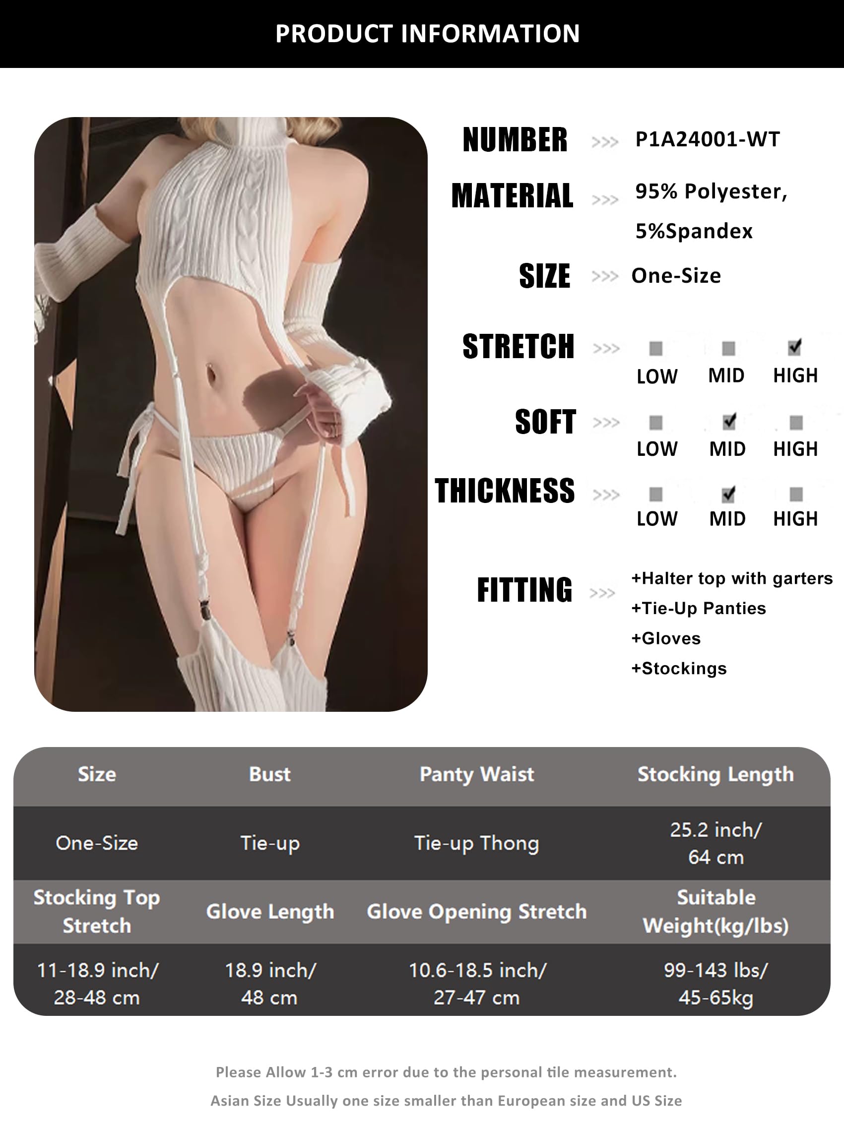 paloli Women's White Knit Sweater Lingerie Set - Halter Crop Top with Garter Design, Matching Tie-Up Panties, Stockings, and Arm Warmers - Sexy Cosplay & Party Outfit