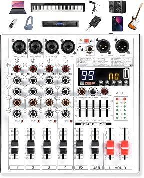 Professional 4-Channel DJ Audio Mixer with Bluetooth, 5-Band EQ, 99 DSP Effects, USB Audio Interface, +48V Phantom Power for Live Streaming, Podcasting, Karaoke, Home Studio Recording