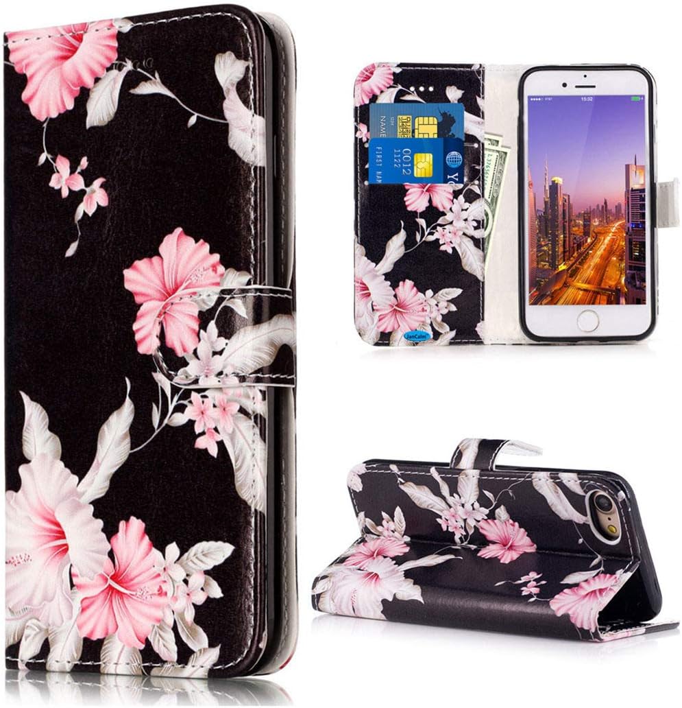 JanCalm for iPhone SE 2022 Case,iPhone 8 Case,iPhone 7 Case Pattern PU Leather [Card/Cash Slots] Stand Magnetic Closure Flip Cover Wallet Case for iPhone 7/8/SE 2020/ SE 2022 (4.7”) (Black/Flower)