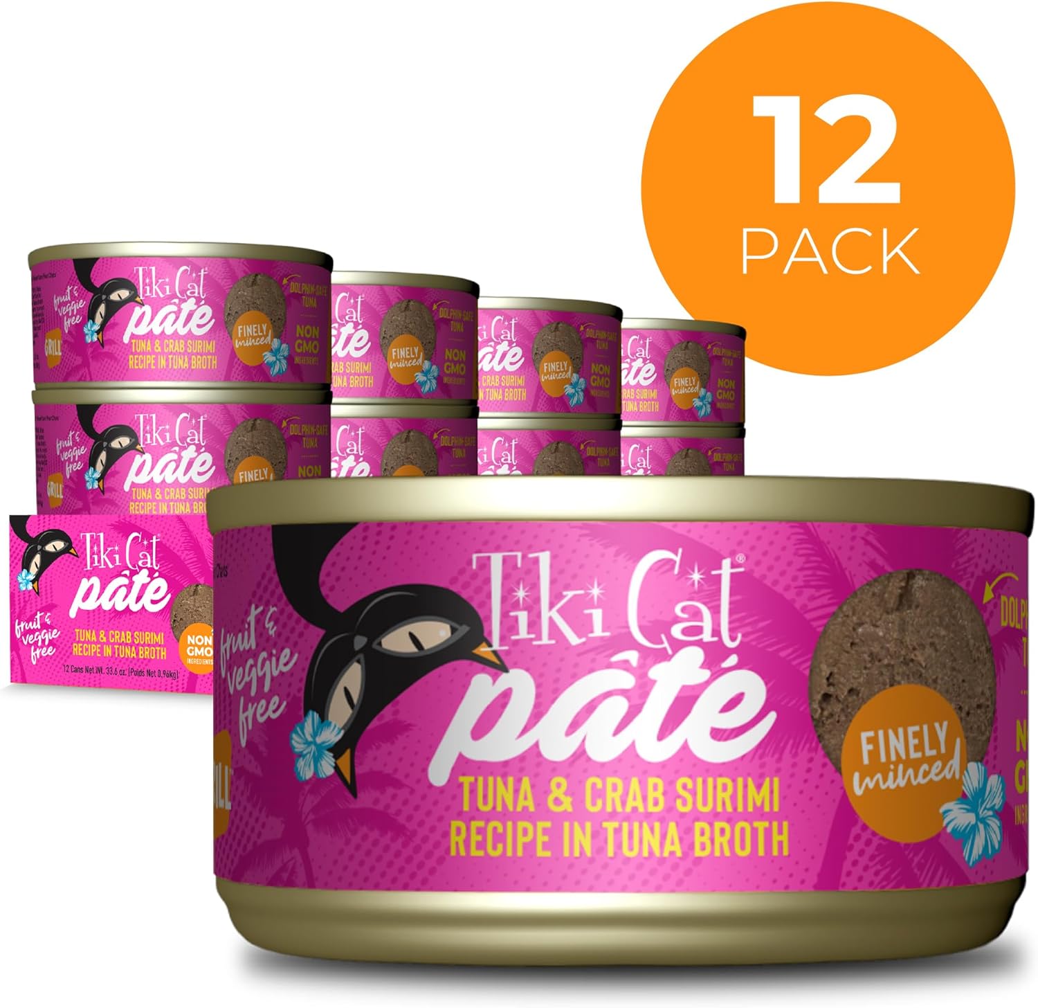 Tiki Cat Grill Pate, Tuna & Crab Surimi, High-Protein and 100% Non-GMO Ingredients, Wet Finely Minced Cat Food for All Life Stages, 2.8 oz. Cans (Pack of 12)