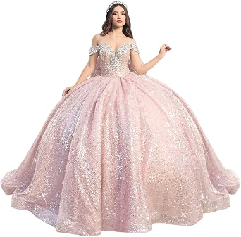 Sparkly Sequin Quinceanera Dresses Beaded Sweet 16 Dress | Off Shoulder XV Dress with Bow, Puffy Velvet Vestidos de 15 anos, Perfect for Quinceanera Party