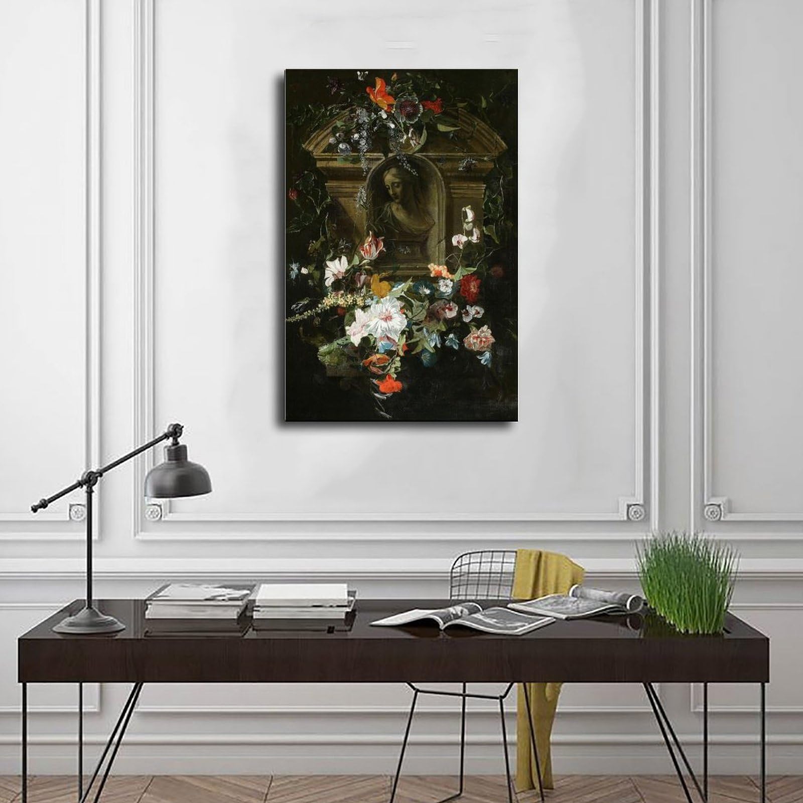 Poster su tela con busto di donna in cerchio di fiori (1658) per camera da letto, decorazione regalo