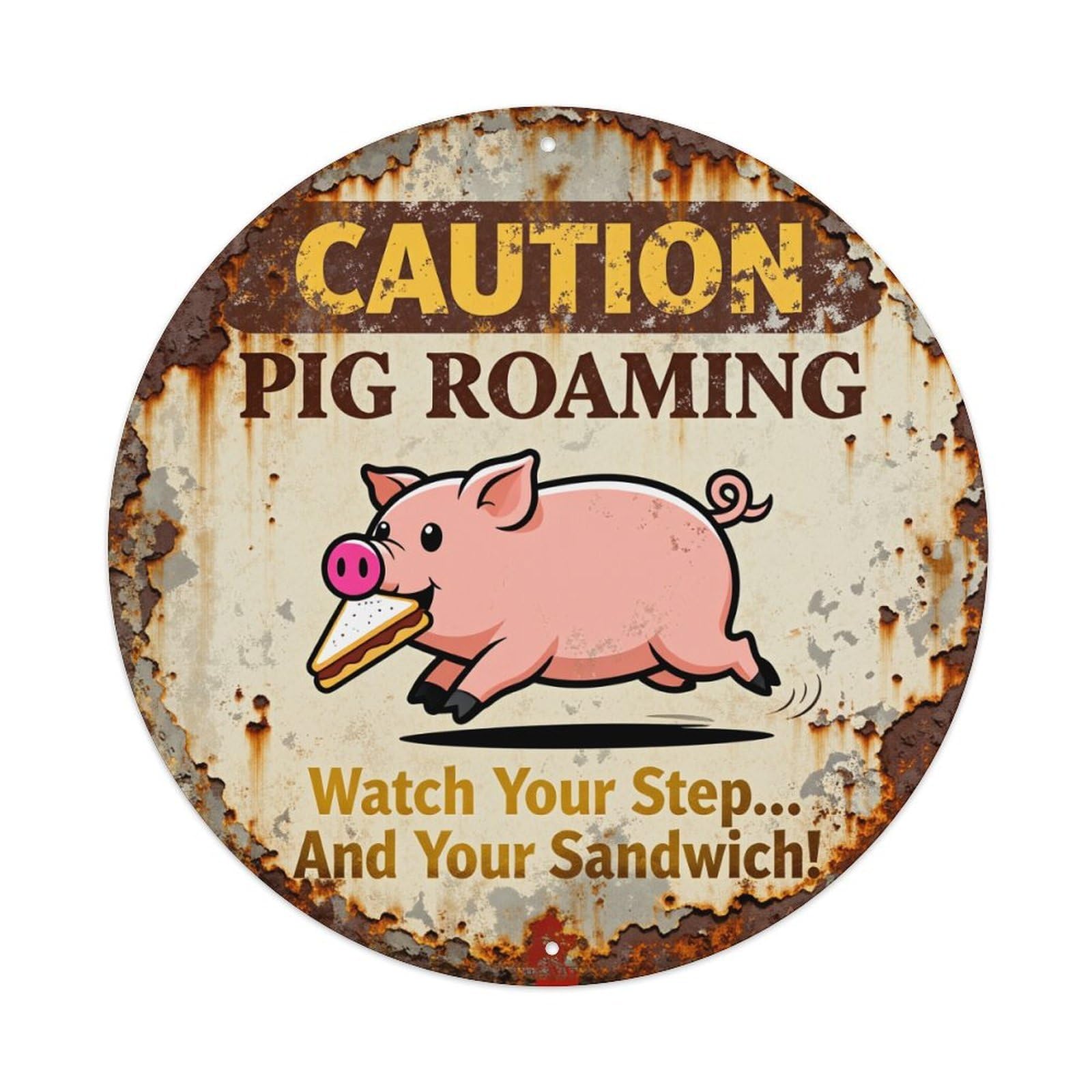 Caution Pig Roaming Watch Your Step And Your Sandwich Round Tin Sign Vintage Metal Poster, Home Bar Garage Man Cave Cafe Indoor & Outdoor Wall Decoration 8x8Inches