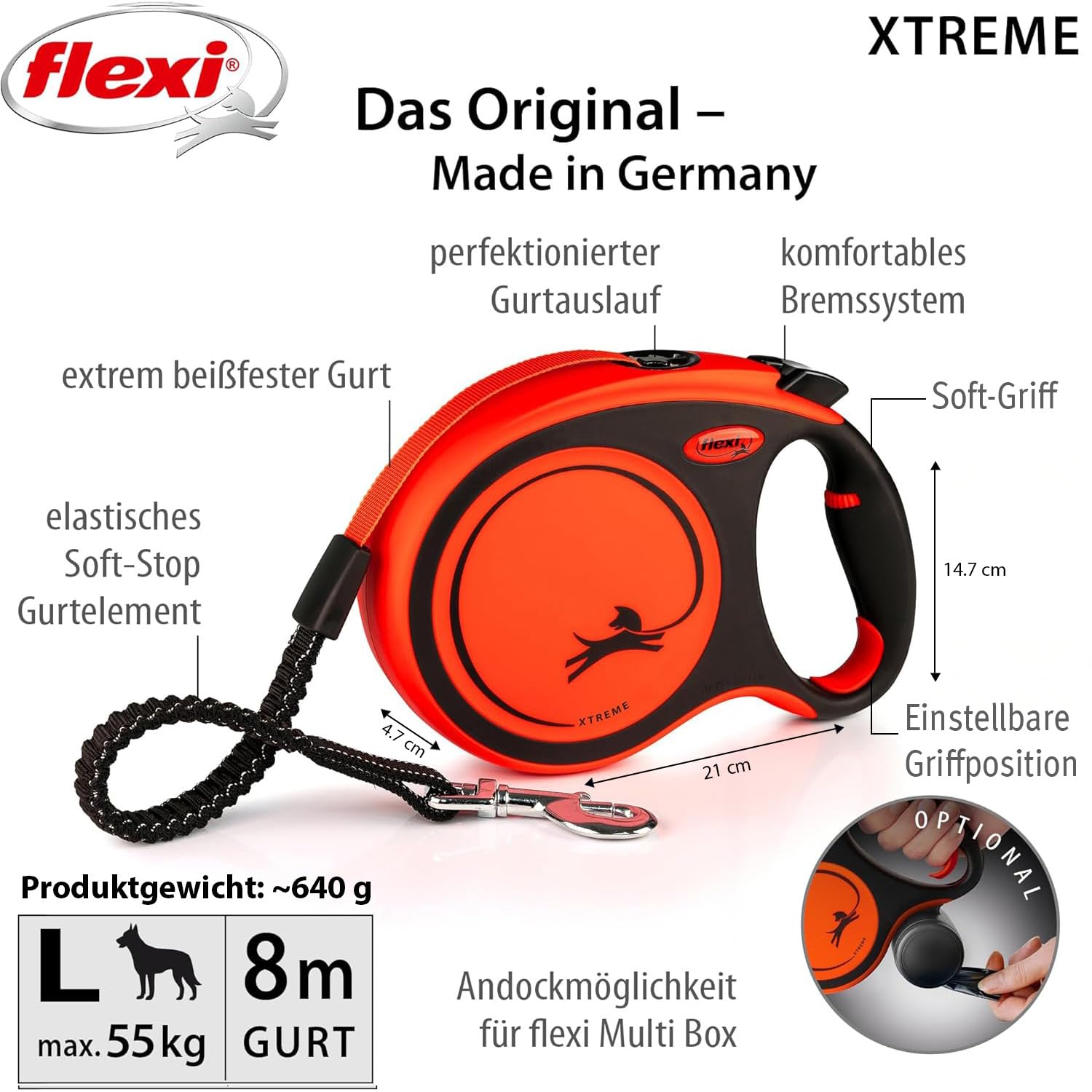 flexi® Xtreme L | 8m Gurt Roll-Leine für Hunde bis 55 kg | schwarz/orange | ausziehbare Hundeleine | Gewicht 639.5 gr | Maße 14.7 x 21.0 cm