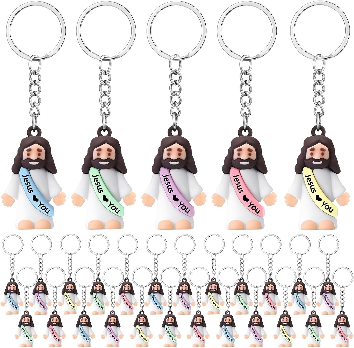 Sumind 24 Pcs Jesus Figurine Christian Keychain Religious Keychain Bulk Classic Christian Rings for Christ(White Skin Classic,Purple)