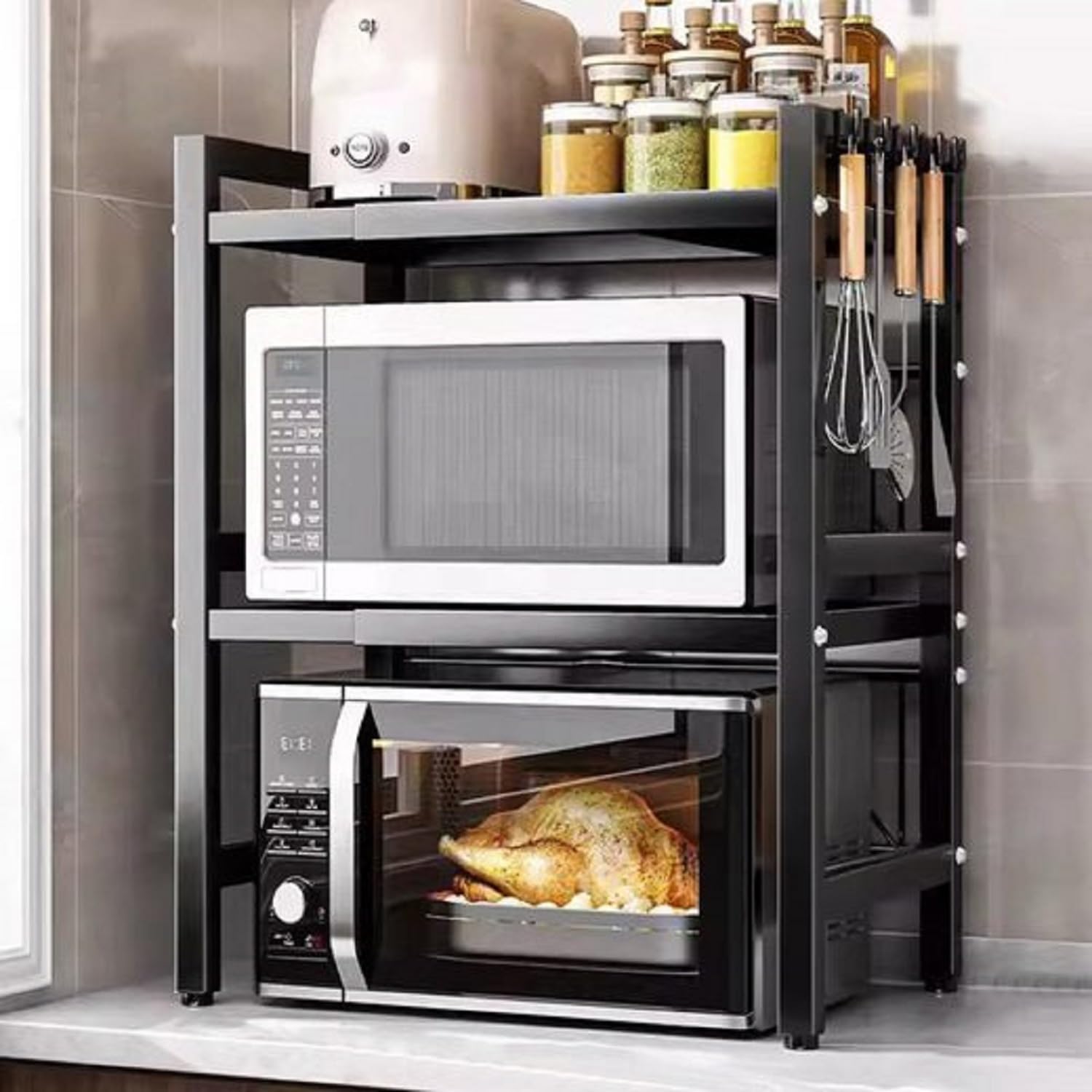 ZZINOKE Mikrowellenregal 3-stufig - Höhenverstellbar 40-60cm | Mit 6 Haken