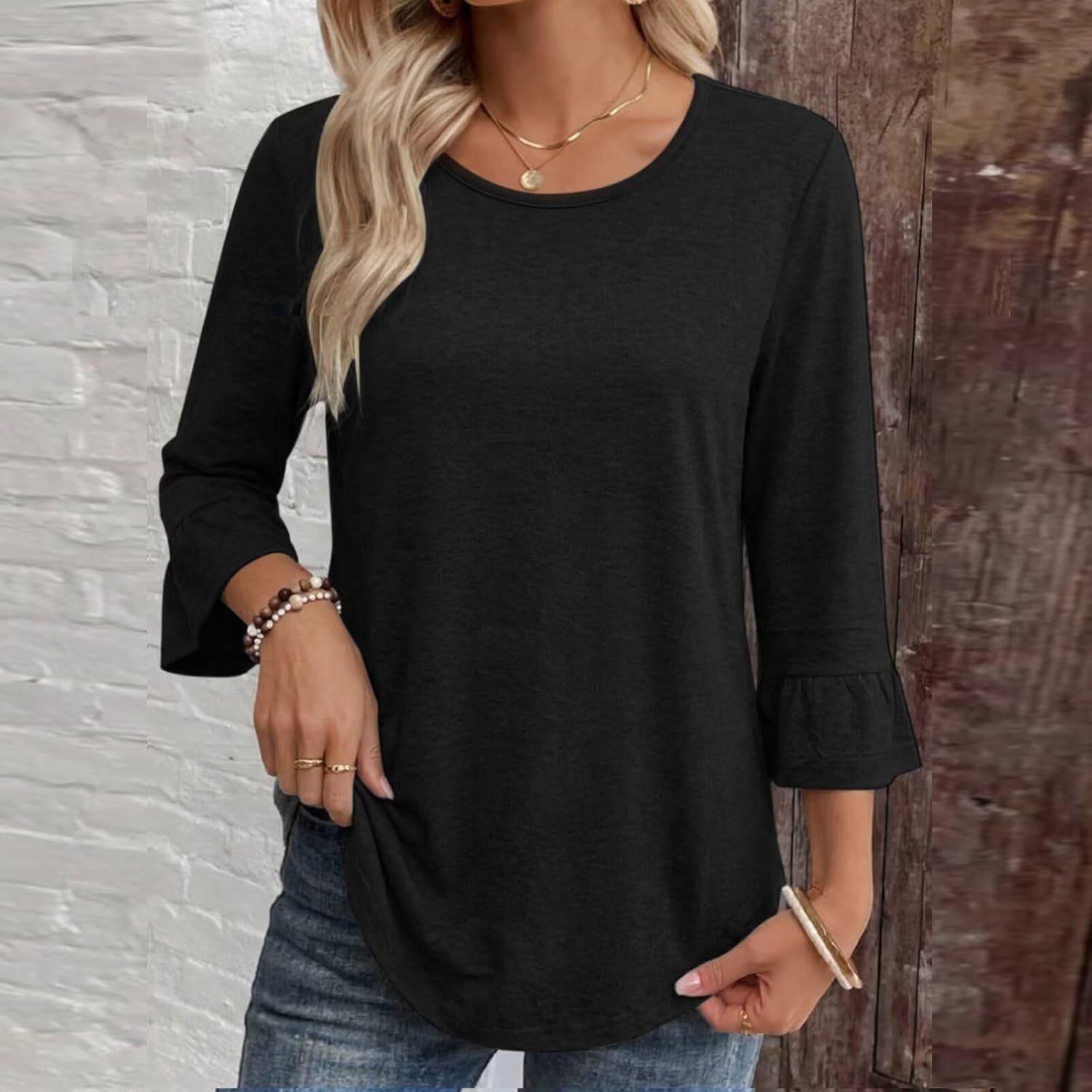 Women's Crew Neck 3/4 Sleeve Top Ruffled T-Shirt Slim Fit Chic Fashionable Loose Casual Shirt Spring/Summer Essential Shirt - Image 5