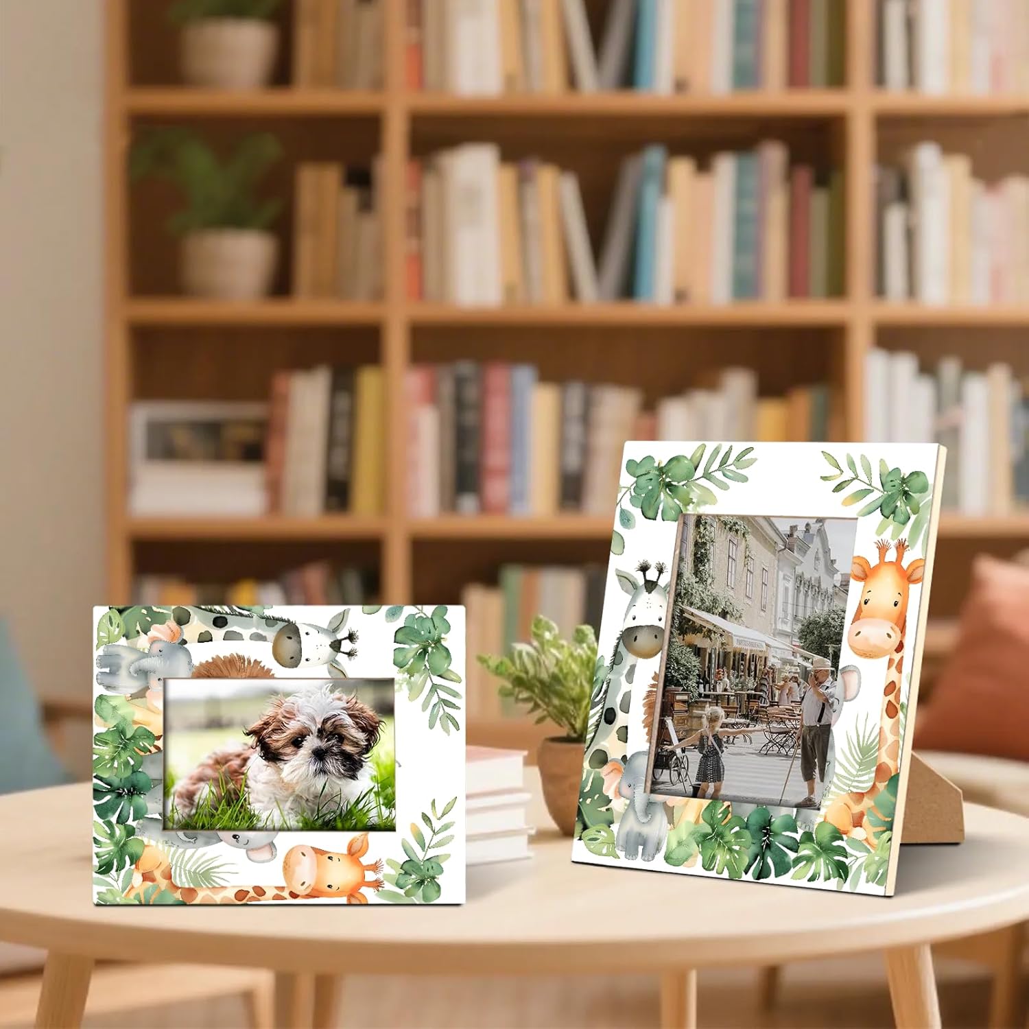 Tropical Rainforest Animals 5x7 Picture Frame, Display Picture for Table Top Display and Wall Mounting Jungle Elephant Giraffe Lion 5x7 Wood Photo Frame