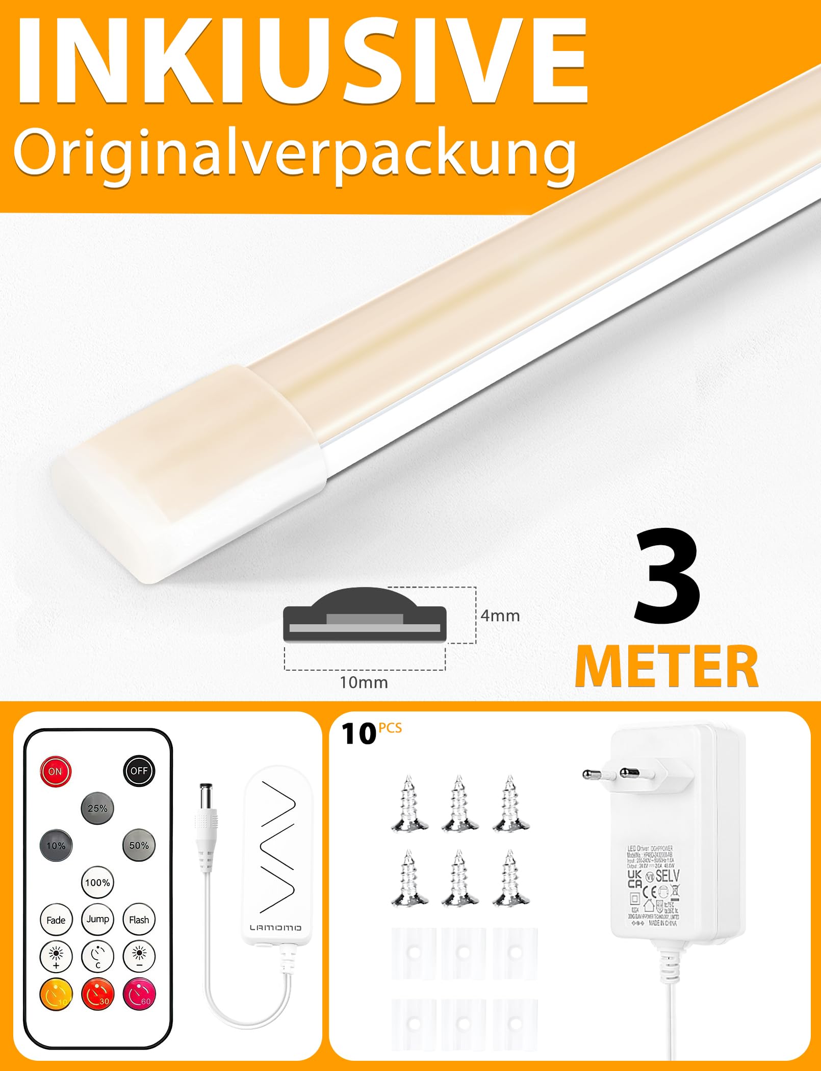Lamomo Striscia LED COB, luce bianca naturale, dimmerabile, 3 m, con telecomando, 4000 K, autoadesiva, impermeabile, larghezza 10 mm, striscia luminosa flessibile in silicone per interni e armadi