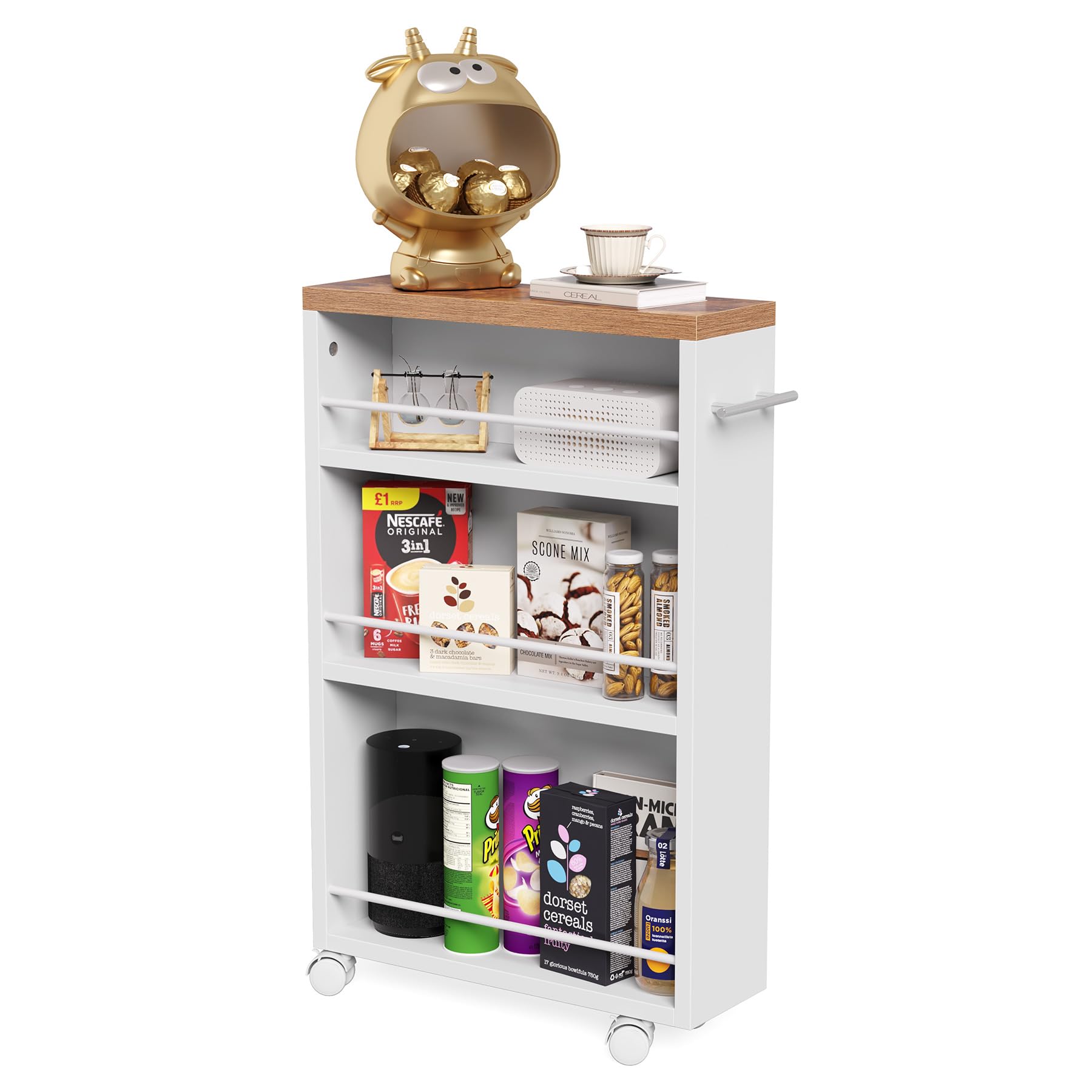 LITTLE TREE 4 Tier Rolling Cart with Wheels, 6.3 Inch Slim Storage Cart, Wooden Snack Cart with Narrow Shelf, White Laundry Room and Bathroom