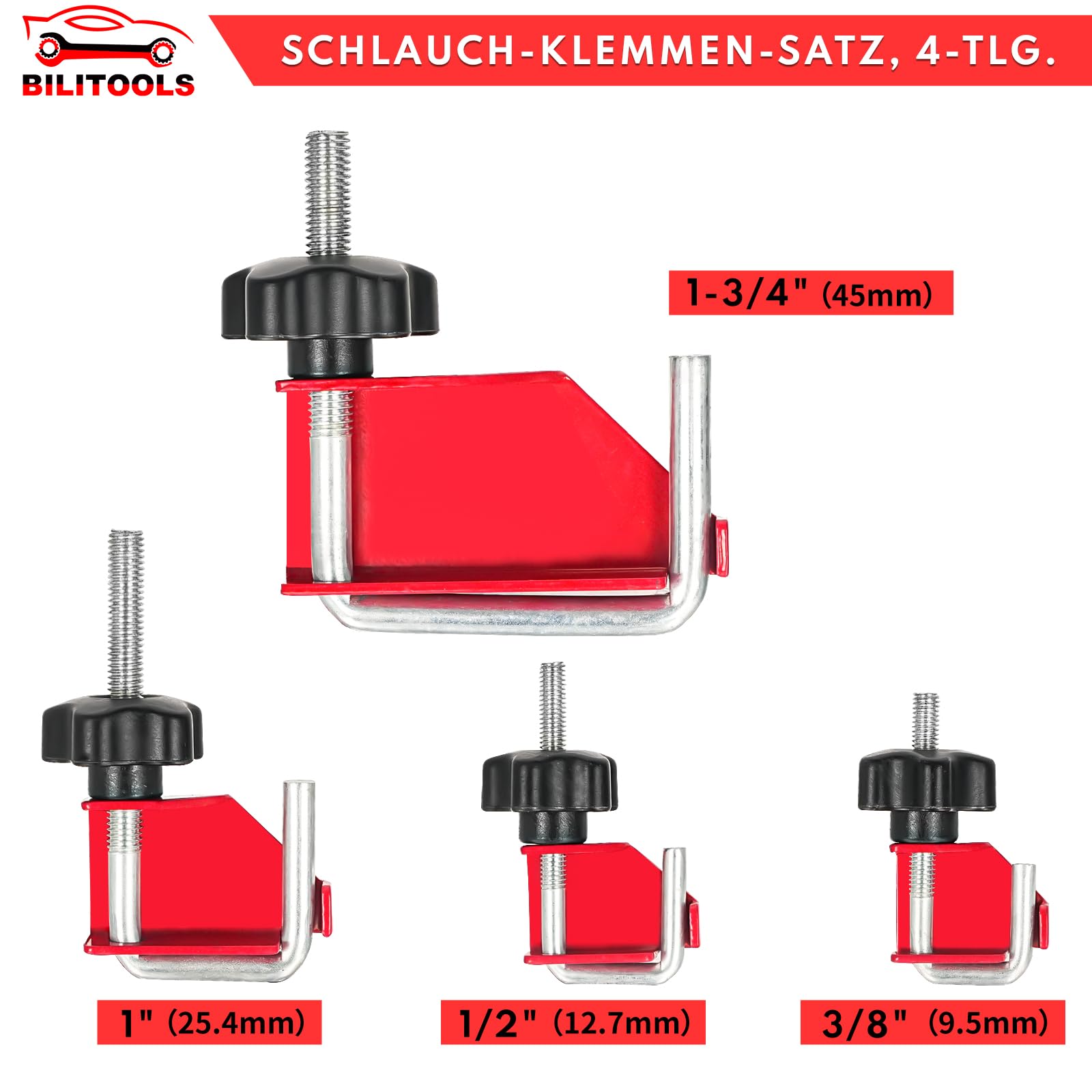 BILITOOLS 4-tlg Schlauchklemmen Werkzeug Set Schlauchklemmenzange Sortiment zum Abklemmen von Benzinschläuchen und Kunststoff-Leitungen ohne Beschädigungen
