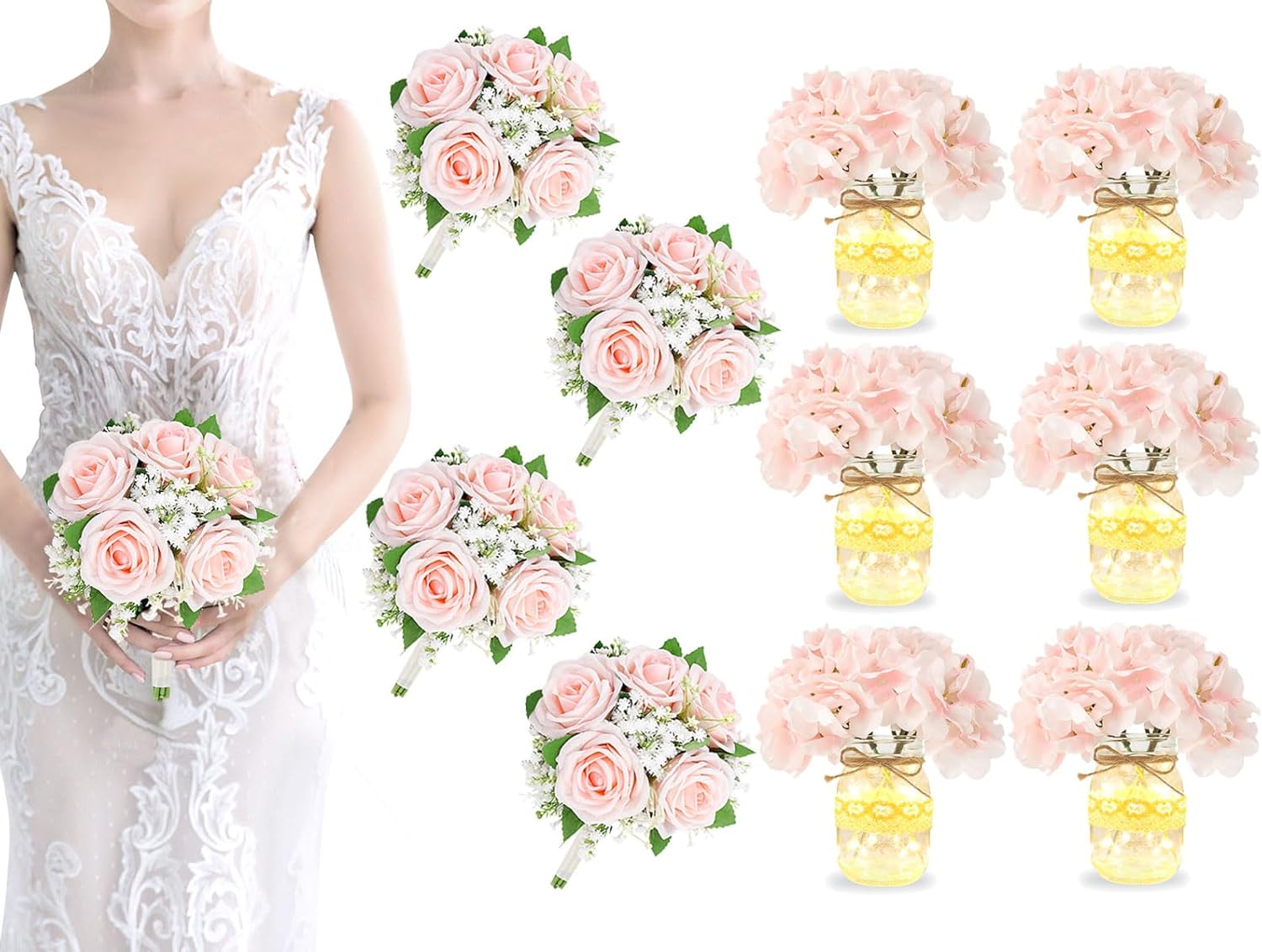 Artificial Bridesmaid Bouquets Set of 4 and Mason Jar Table Centerpiece Set of 6 with Lights Pink Hydrangea artificial Flowers for Engagement Party Bridal Shower Centerpieces Wedding