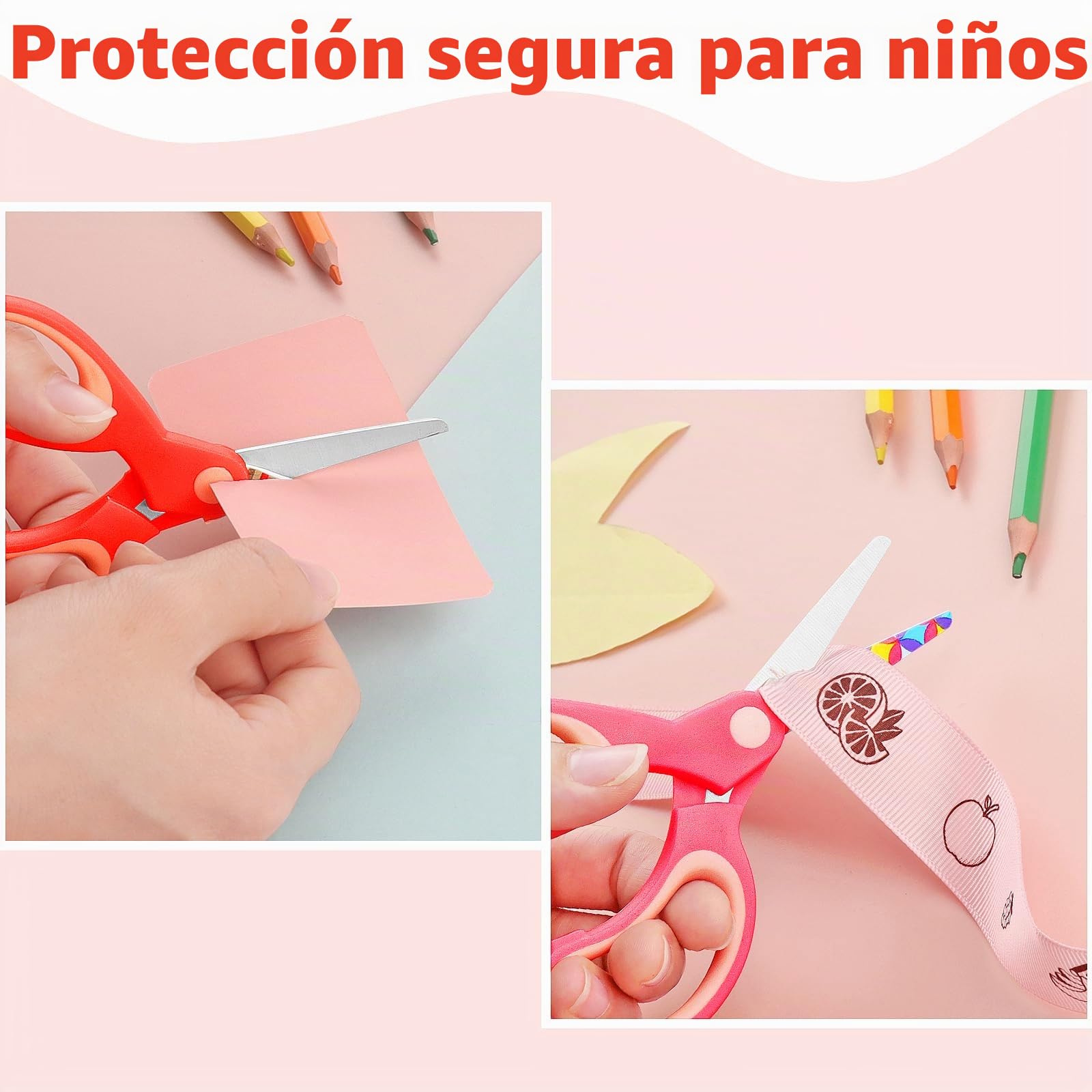 Tijeras para zurdos, tijeras de seguridad para niños, cuchillas de acero inoxidable, empuñaduras suaves, para uso con niños de 3 años en adelante, rosa, azul, rojo, paquete de 3 pares