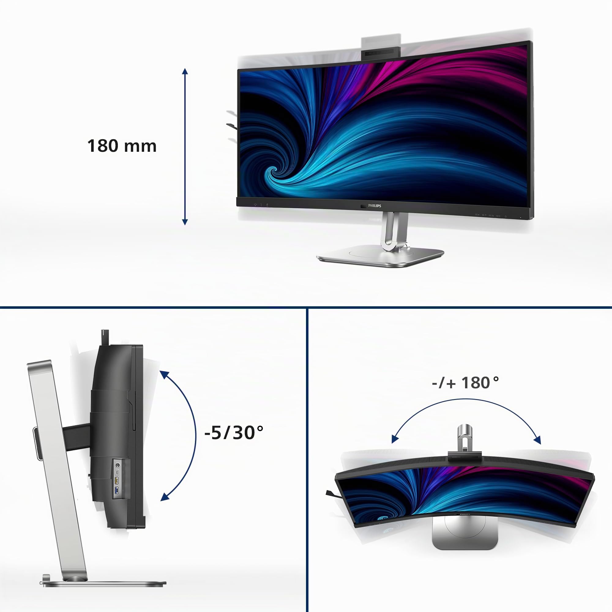 PHILIPS Moniteur Incurvé, 34B2U6603CH 34 Pouce 120Hz VA Dalle, 4ms GtG, HDR400, Ajustable en Hauteur, Webcam, Haut-parleurs, USB Hub(3440x1440 HDMI 2X 2.0) Gris Anthracite