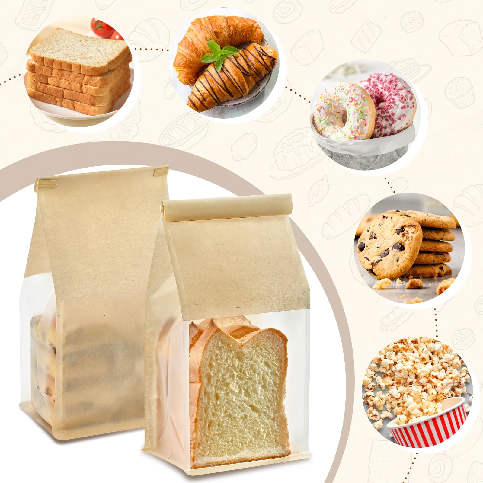 50 bolsas de pan para panes caseros, 5.1 x 3.9 x 11 pulgadas, bolsas de panadería de papel kraft marrón con bloqueo de estaño con bloqueo de estaño para pan de masa madre con ventana, 5