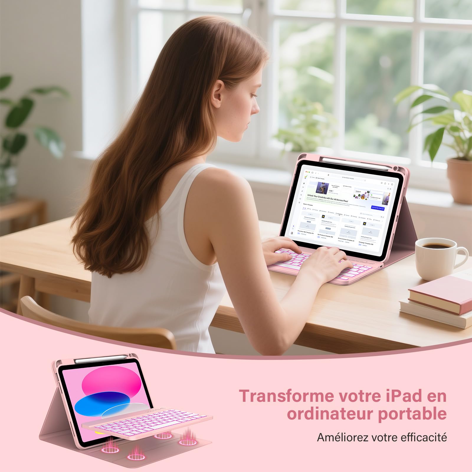 KBCASE Coque Clavier pour iPad A16 11/10 Ème Generation (11 Pouces 2025/10.9 Pouces 2022) Étui Keyboard Bluetooth pour iPad 10eme/11eme avec 7 Couleurs Rétroéclairées,Porte Crayon,AZERTY Français,Rose