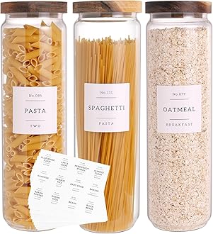 Glass Storage Jars with Airtight Acacia Wood Lid, 1.4L Thick Glass, Kitchen Storage Jars with 132 Pantry Labels, Tall Food Storage Jars with Wooden Lid for Pasta, Spaghetti