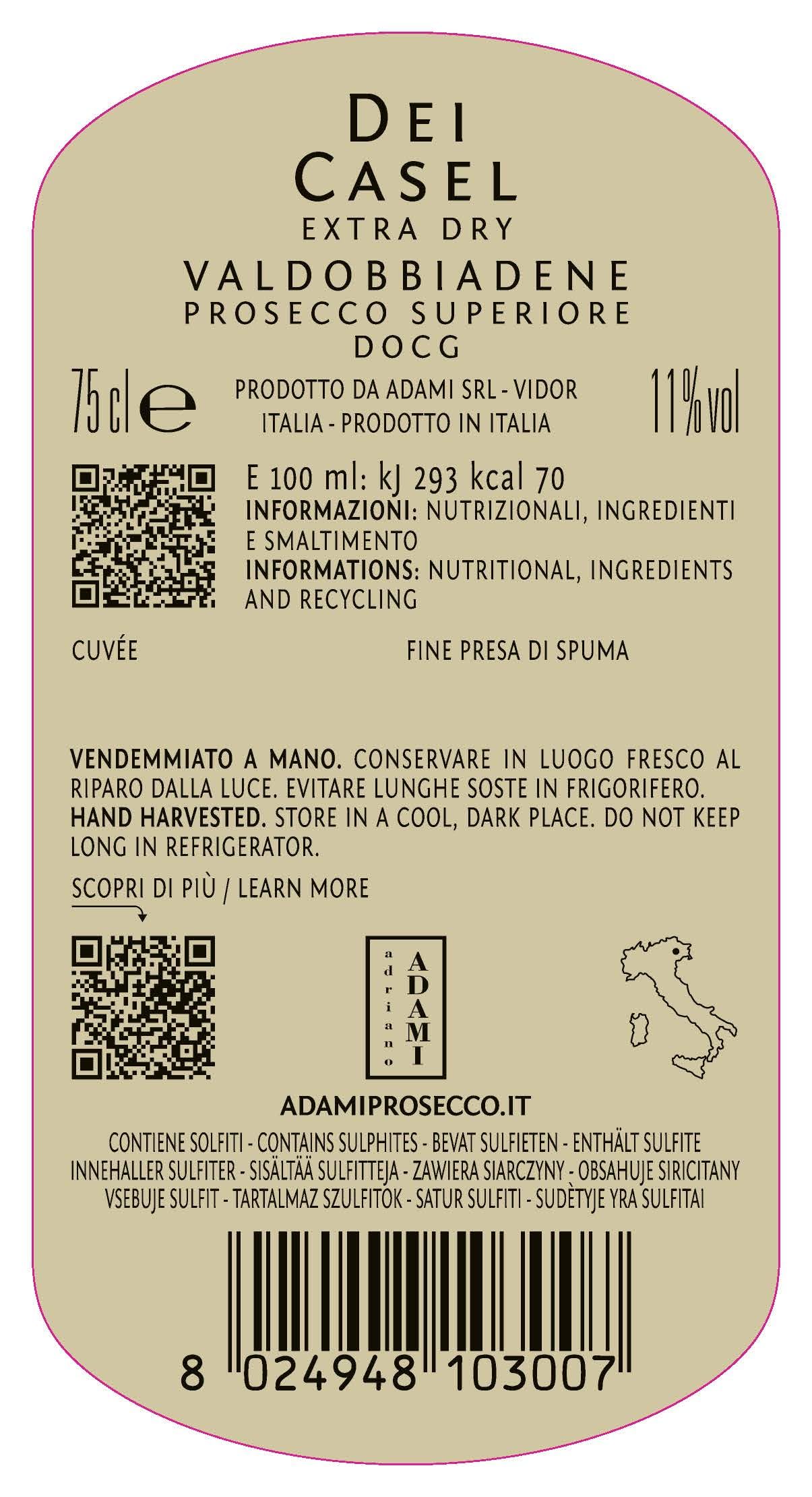 Adami Dei Casel - Valdobbiadene Prosecco Superiore Docg Extra Dry - Elegante e Raffinato – 11% vol. 0,75l - 3 bottiglie