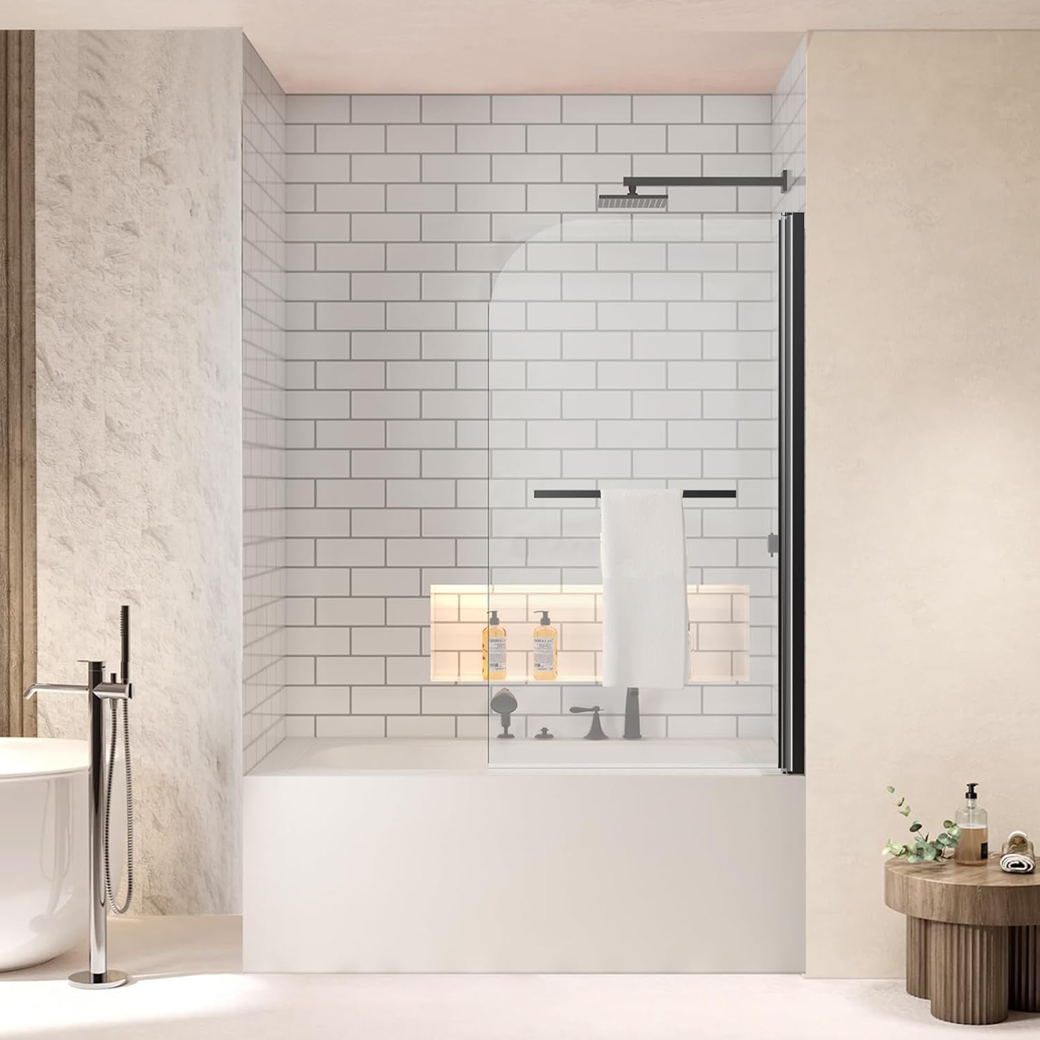 Frameless Pivot Shower Door 31" W X 55" H, Bathtub Shower Door with Tempered Glass, Tub Shower Glass Door with Towel Bar, Matte Black