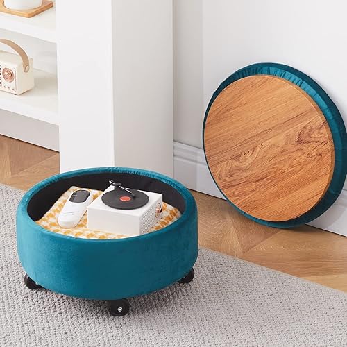 Miniatura 2 de Mxfurhawa Taburete otomano de terciopelo con ruedas redondas con ruedas de 360, reposapiés, silla de centro baja, reposapiés, cambiador de zapatos