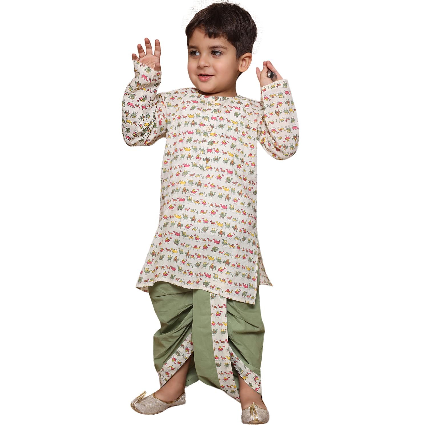 AJ DEZINES Kids Pure Cotton Full Sleeve Animal Printed Dhoti Kurta Set for Boys - Ethnic Wear | Traditional | Festival Wear for boys - Regular Fit