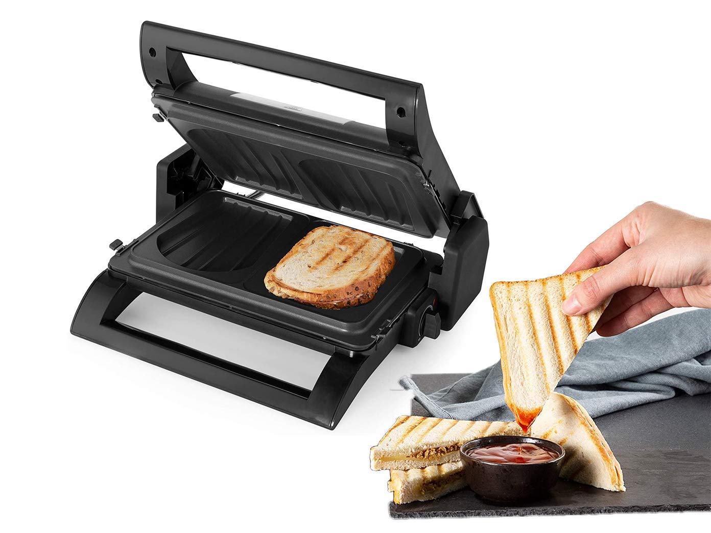 Griglia elettrica a contatto, piastra per waffle e panini 4 in 1, piastre intercambiabili, 31,5 x 21,5 cm, con pinza per barbecue