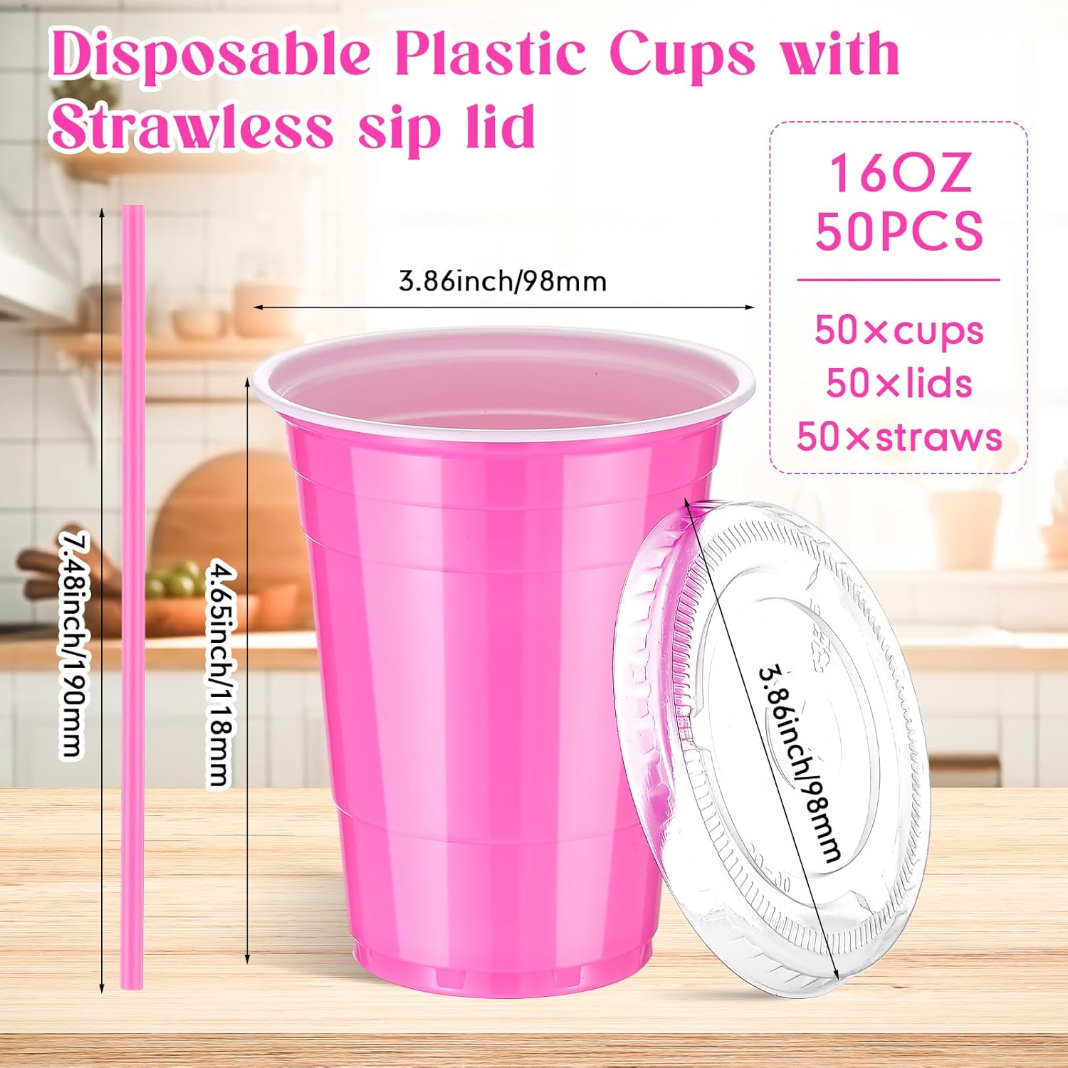 LemonRoad 50 Set 16 oz Pink Party Cups with Lids and Straws, Disposable Pink Plastic Heavy Duty Drinking Cups for Valentines Day Party Picnics Barbecues Wedding Birthday - Image 3