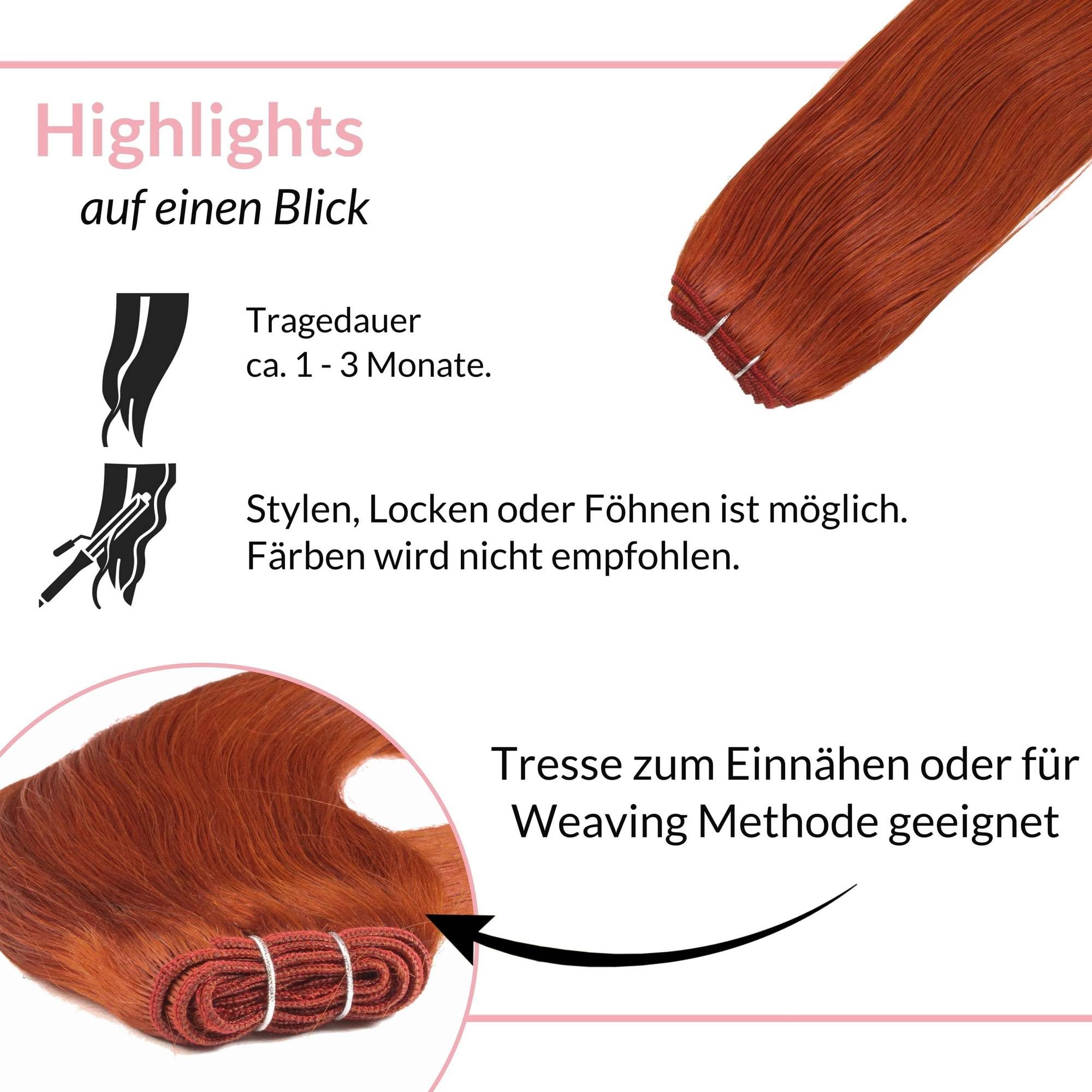 hair2heart Echthaar Tressen zum Einnähen Extensions glatt - 40cm 100g 8/43 hellblond rot-gold