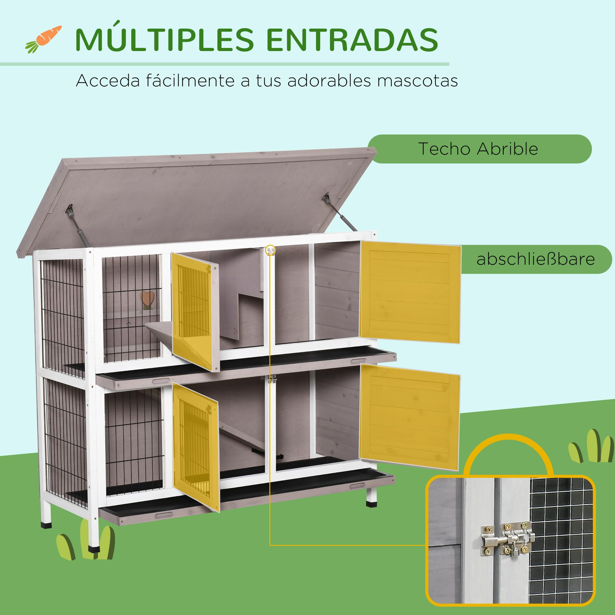 PawHut Conejera de Madera Jaula de 2 Niveles para 1-2 Conejos con Puertas Cerradura Bandejas Extraíbles y Comedero para Exterior 122x50x101 cm Marrón