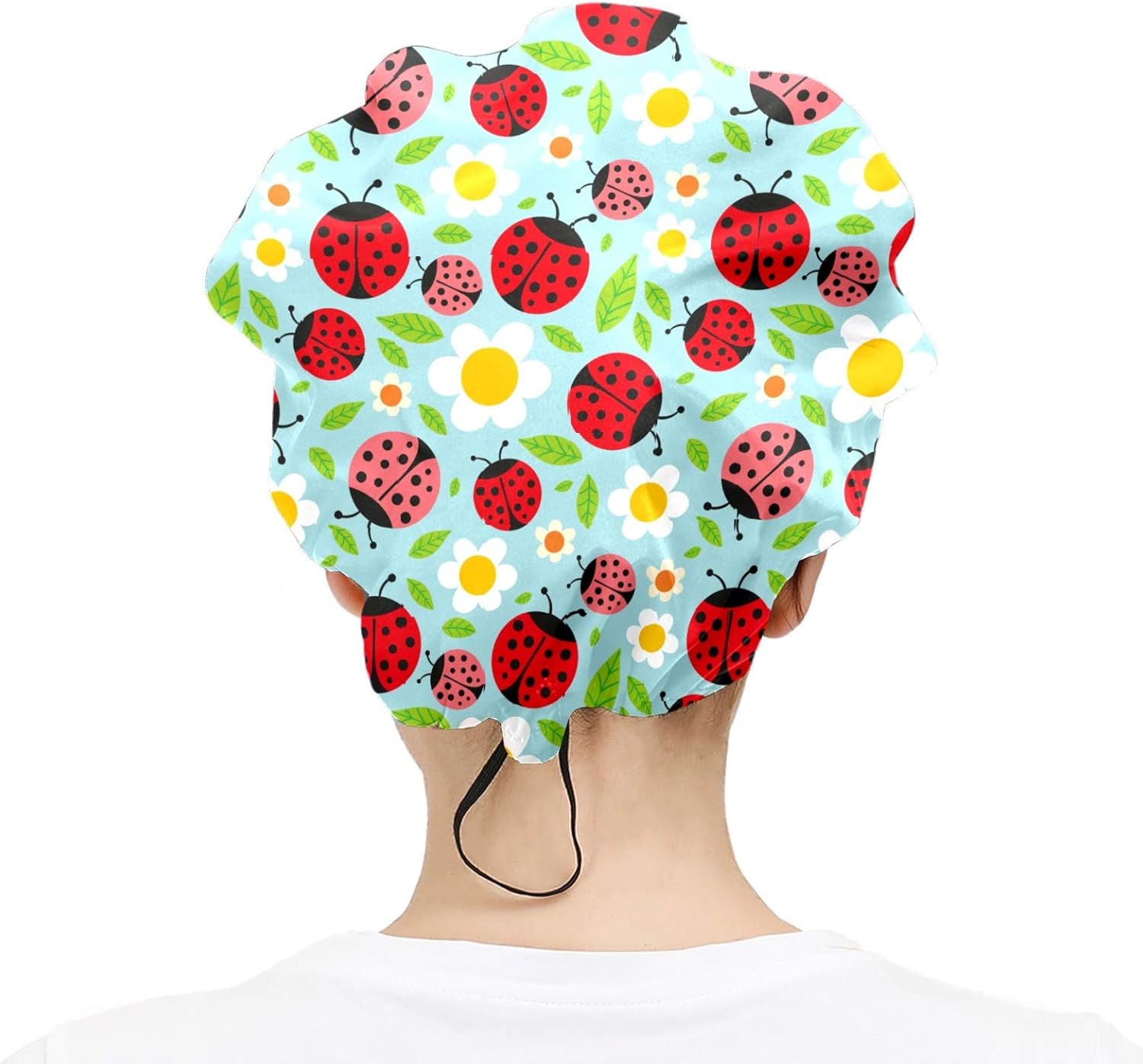 Womens Working Cap with Cotton Sweatband Adjustable Elastic Head Cover Hair Tie Back Work Hats for Women Men One Size Bouffant Hat Covers Ladybugs On Flower