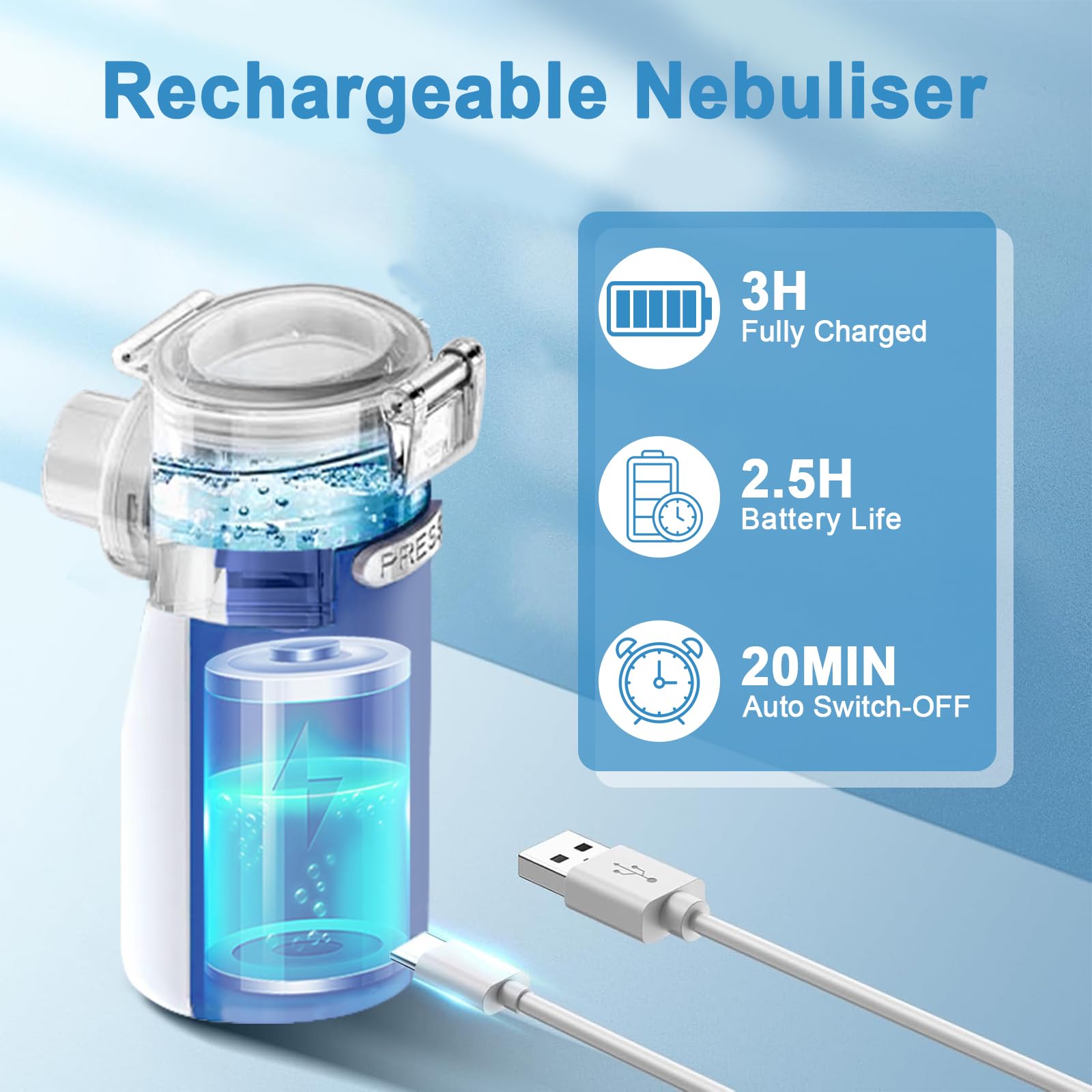 Aerosol Portatile Silenzioso, Wholede Macchina Aerosol per Adulti e Bambini, Aerosol Ultrasuoni con 2 Maschere E Boccaglio, 2 Modalità Regolabili, USB-C Ricaricabile(Blu)