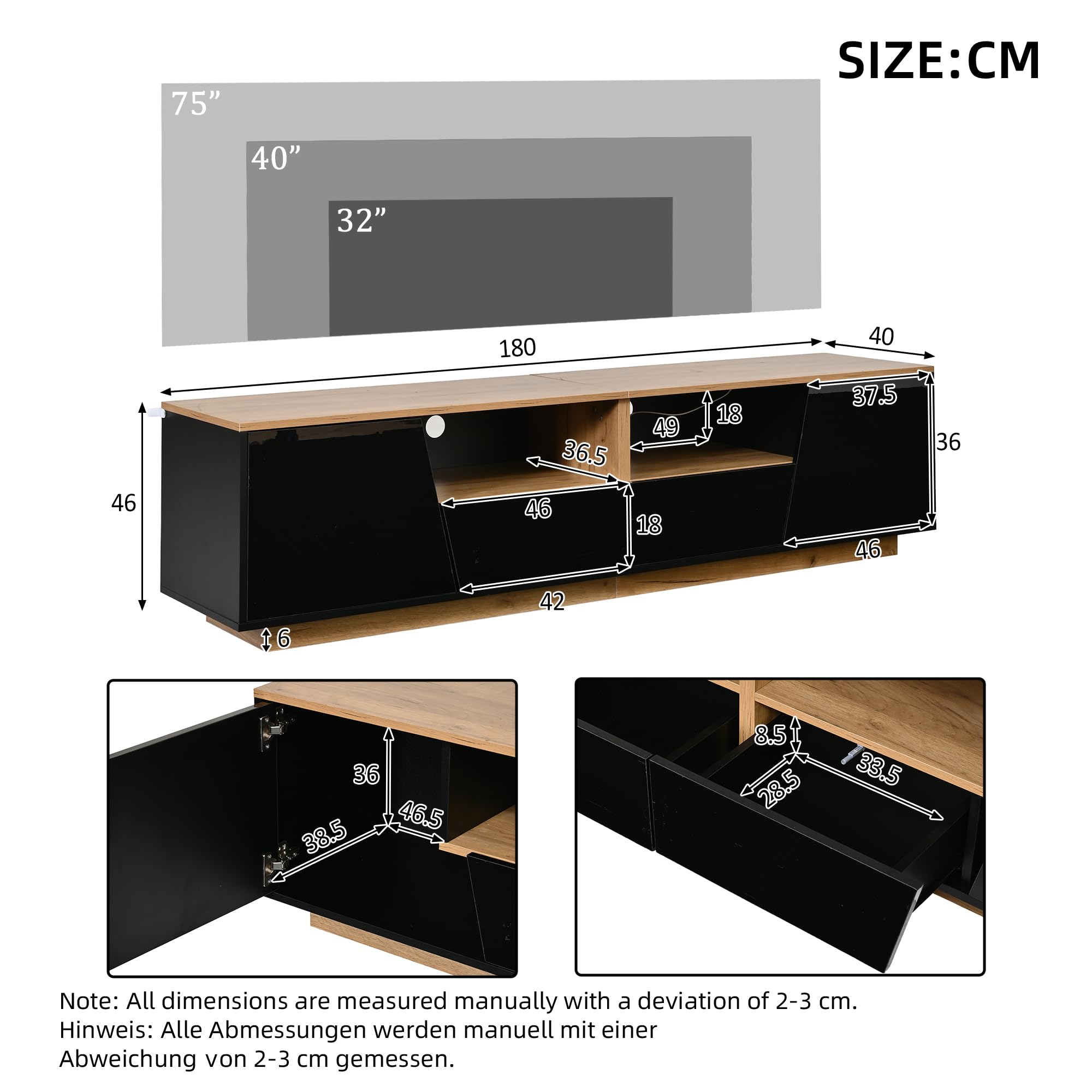 SACOOL Armario para televisión de 180 x 40 x 46 cm, 2 cajones, 2 armarios, armario bajo brillante, adecuado para televisores de 75 pulgadas, negro + empalme de color madera