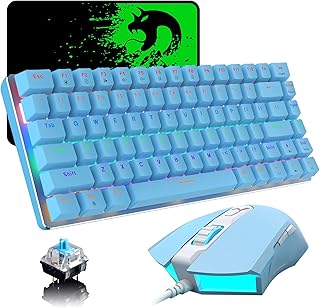 80% Blue Mechanical Gaming Keyboard Blue Switch 82 keys Compact Rainbow LED Backlit Wired USB-C, 2500 DPI 7 Buttons RGB Backlight Mouse, Large Mouse Pad For Office and Games